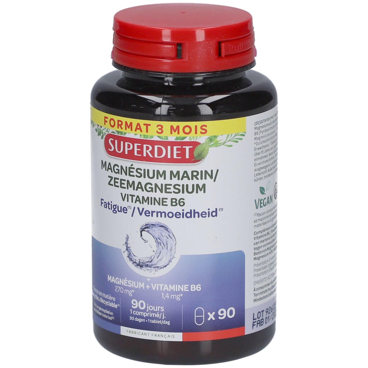 Flacon brun avec couvercle rouge. Inscription: Superdiet Magnésium Marin + Vitamine B6. 90 comprimés. Vegan.