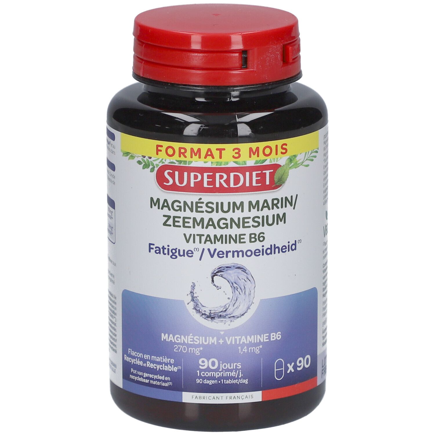 Flacon brun avec couvercle rouge. Inscription: Superdiet Magnésium Marin + Vitamine B6. 90 comprimés.