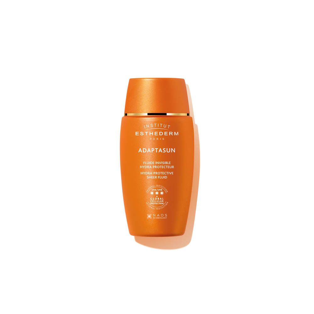 Flacon orange. Inscription: Institut Esthederm Paris, Adaptasun, Fluide Invisible Hydra-Protecteur.