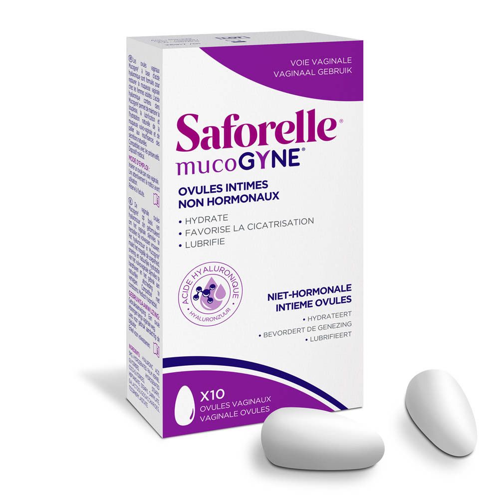 Saforelle mucoGYNE: Arrière de l'emballage avec instructions et ingrédients. 10 ovules vaginaux.