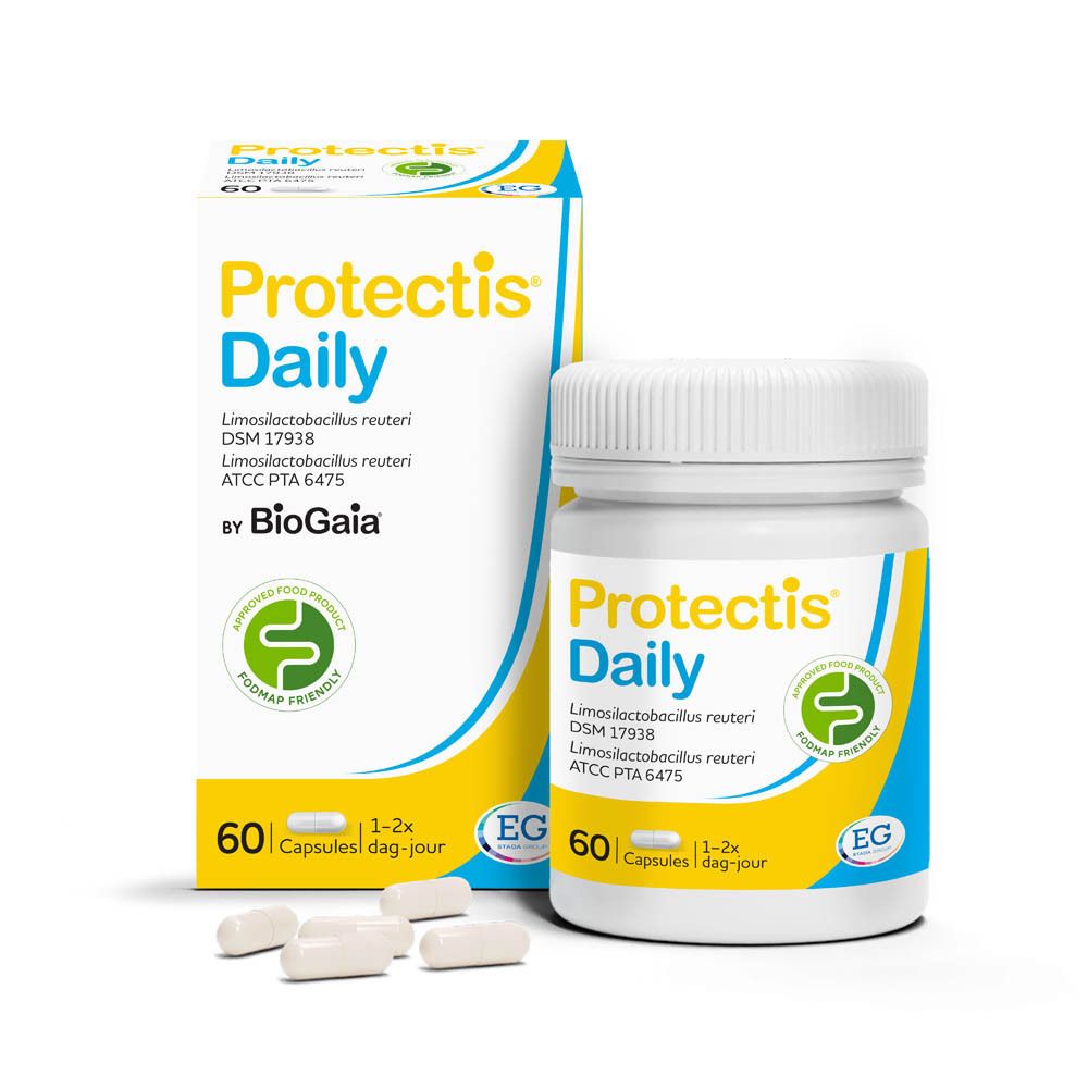Emballage Protectis Daily avec flacon et gélules. 60 gélules. Logo: Approved Food Product, FODMAP friendly.