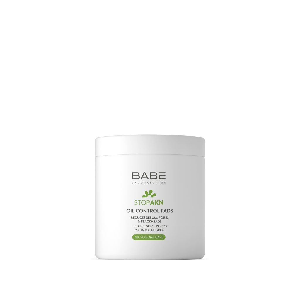 Contenant Babé Stop Akn Oil Control Pads. Réduit le sébum, les pores et les points noirs. Contient acide salicylique, succinique, azéloglycine et prébiotiques.