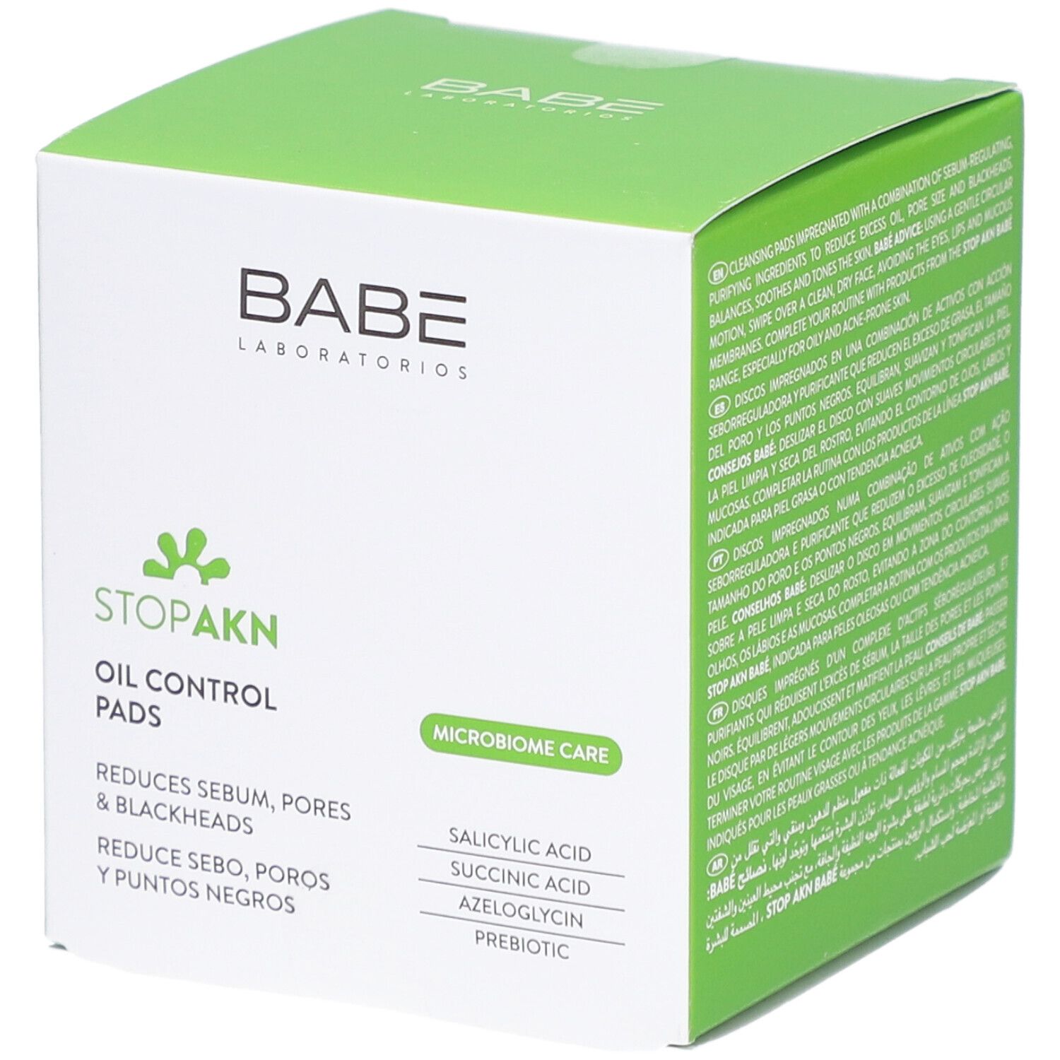 Boîte de Babé Stop Akn Oil Control Pads. Réduit le sébum, les pores et les points noirs. Contient acide salicylique, succinique, azéloglycine et prébiotiques.