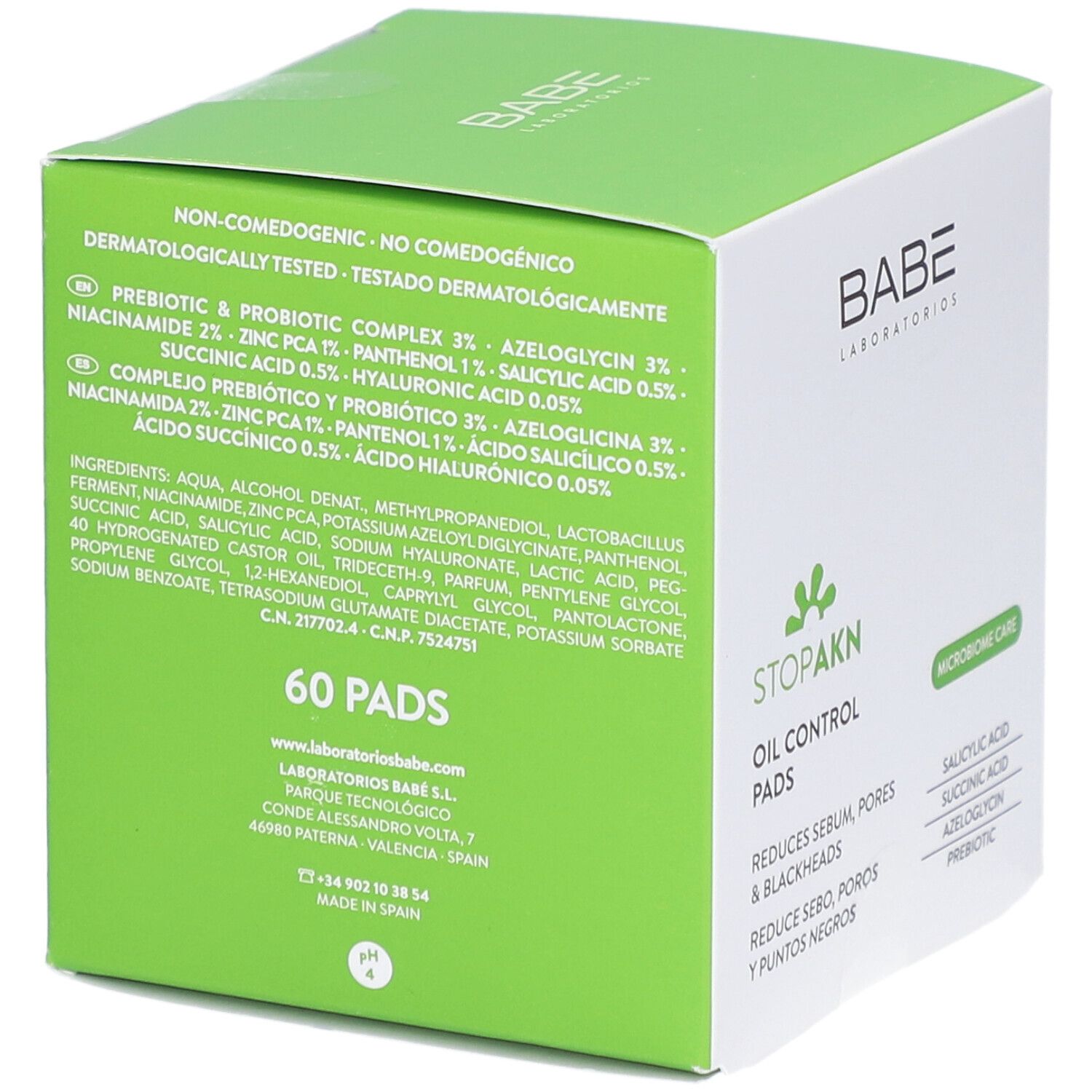 Boîte Babé Stop Akn Oil Control Pads. Contient 60 pads. Ingrédients: Complexe prébiotique & probiotique, Zinc PCA, Panthénol, Acide salicylique, Hyaluronique.