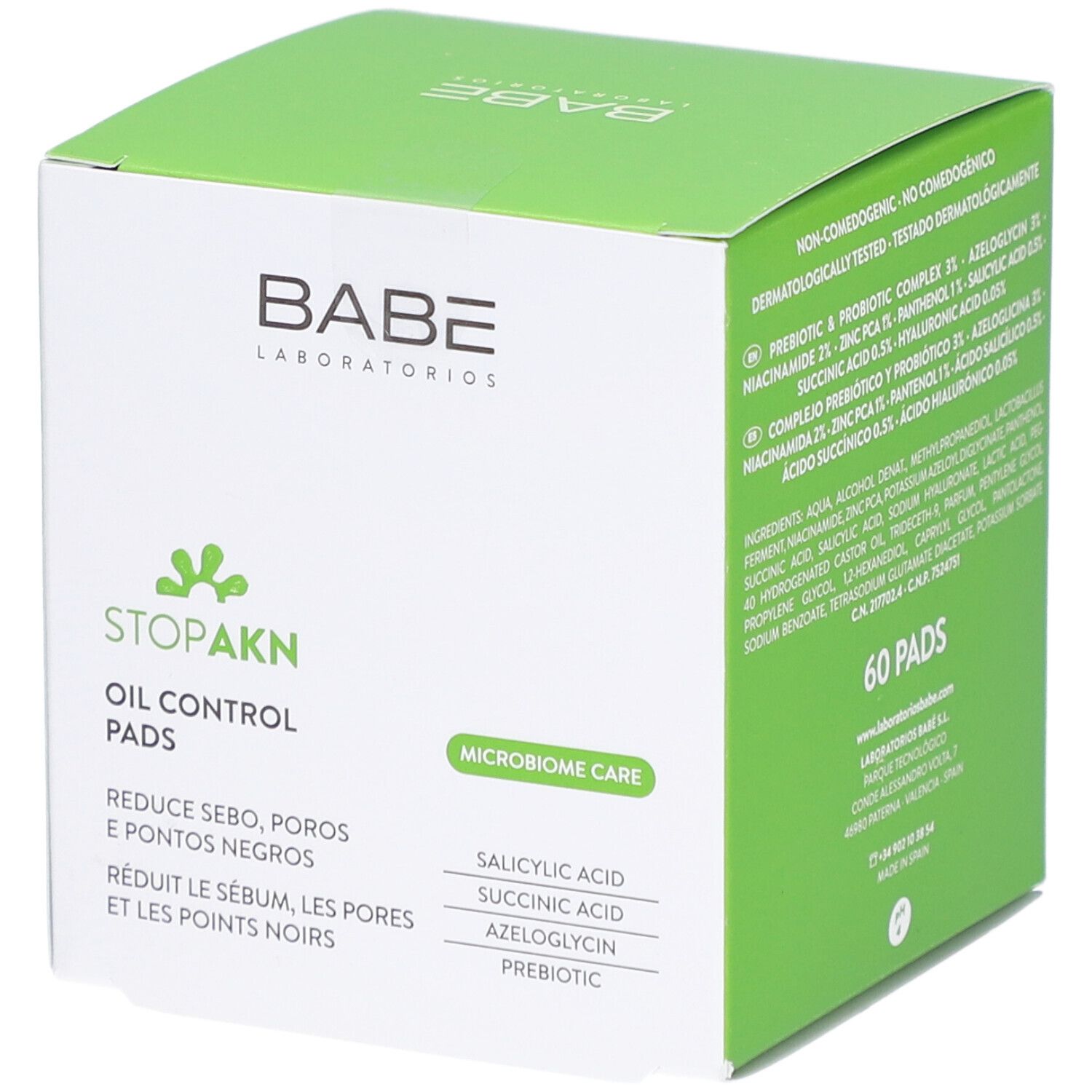 Boîte Babé Stop Akn Oil Control Pads. Contient 60 pads. Réduit le sébum, les pores et les points noirs. Contient acide salicylique, succinique, azéloglycine et prébiotiques.