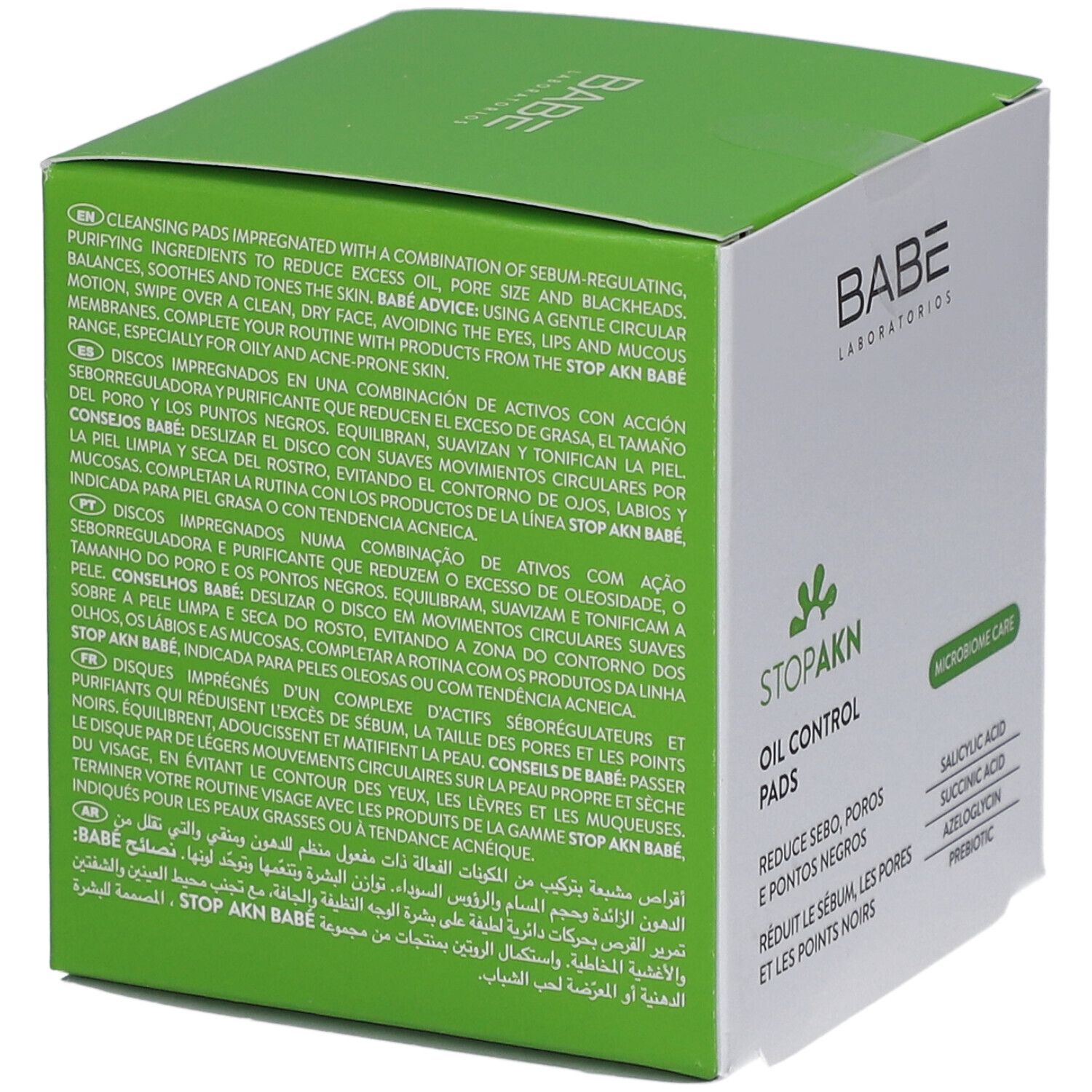 Boîte Babé Stop Akn Oil Control Pads. Pads nettoyants pour réduire l'excès de sébum, les pores et les imperfections. Avec acide salicylique, etc.