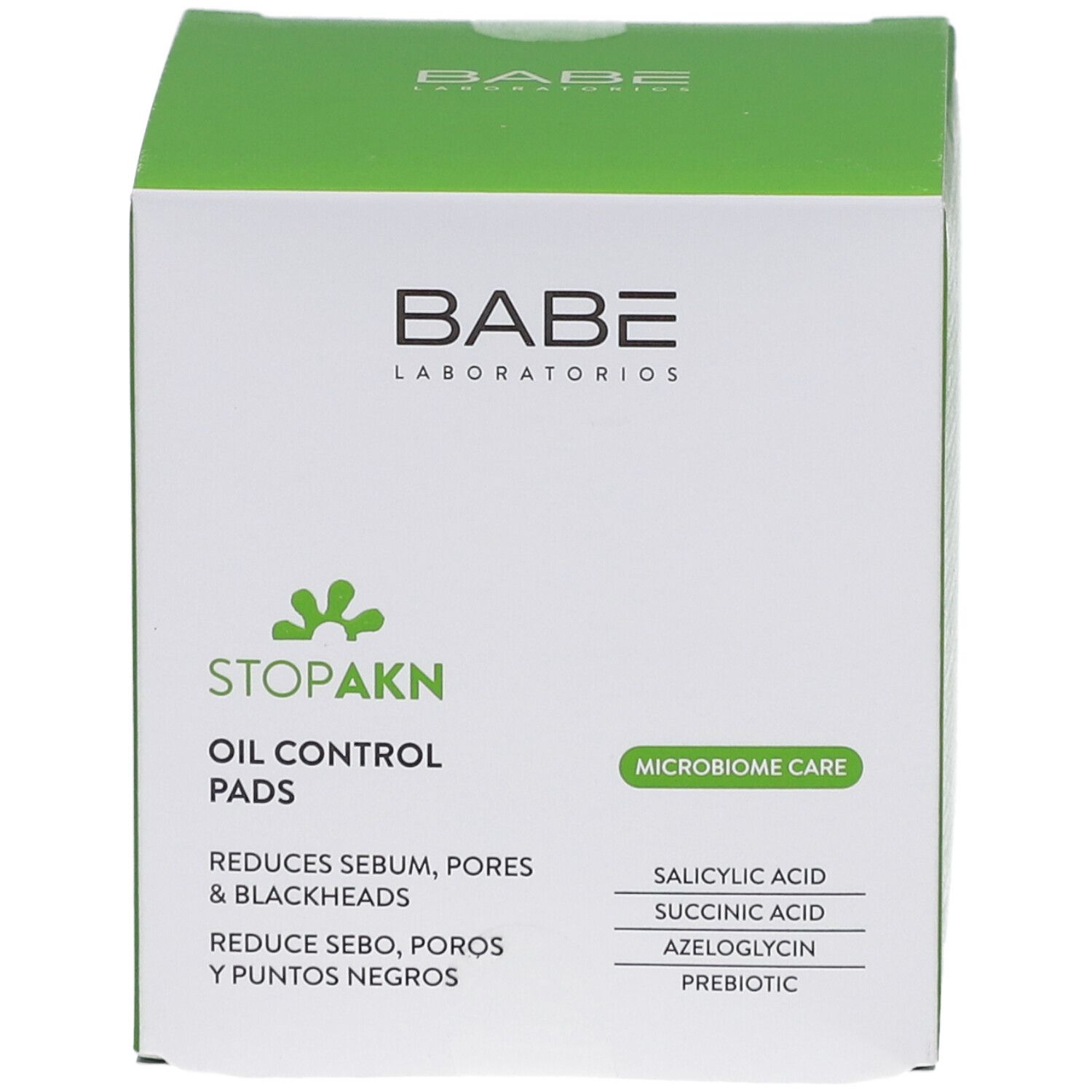 Boîte Babé Stop Akn Oil Control Pads. Réduit le sébum, les pores et les points noirs. Contient acide salicylique, succinique, azéloglycine et prébiotiques.
