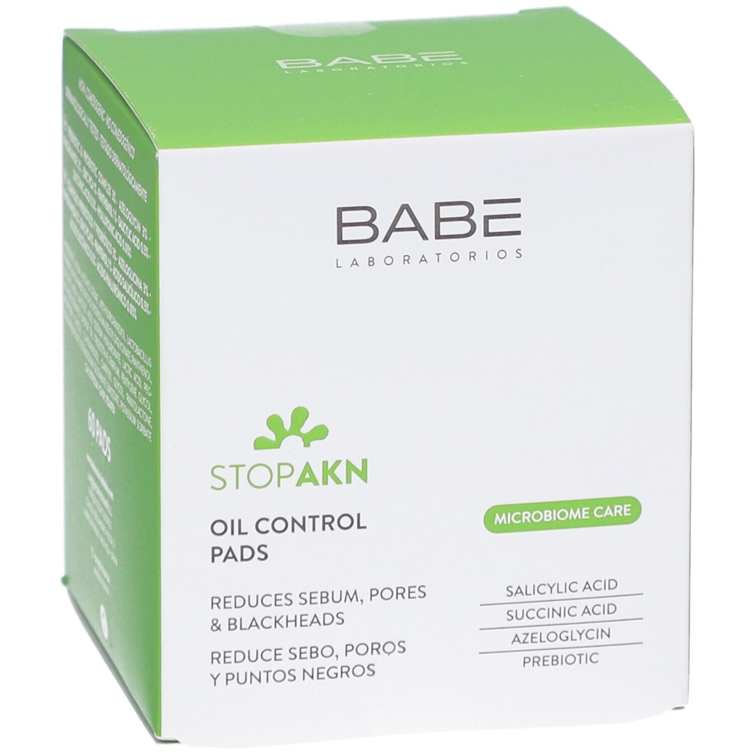 Boîte Babé Stop Akn Oil Control Pads. Réduit le sébum, les pores et les points noirs. Contient acide salicylique, succinique, azéloglycine et prébiotiques.