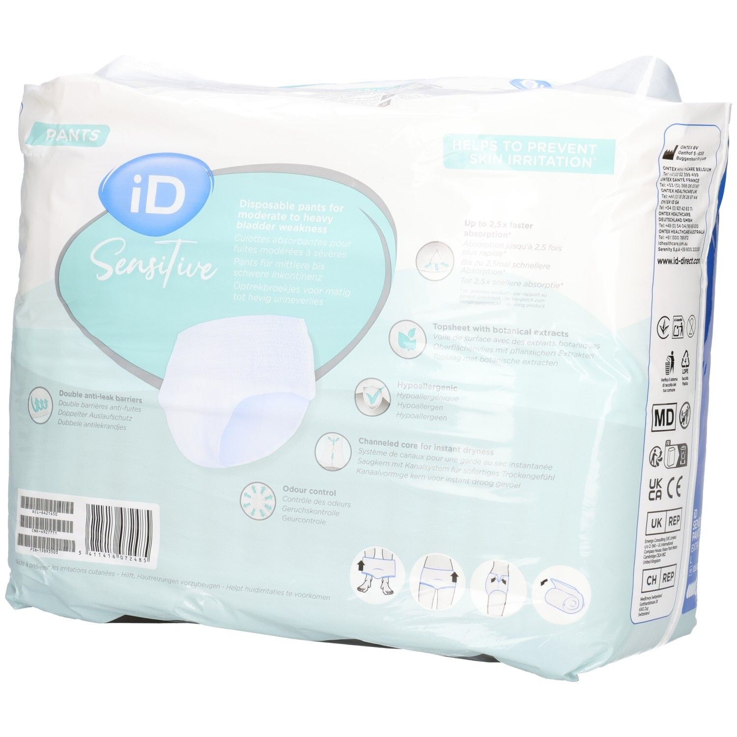 Pants iD Sensitive Extra Plus L, 14 unités. Dos avec détails sur la tolérance cutanée.