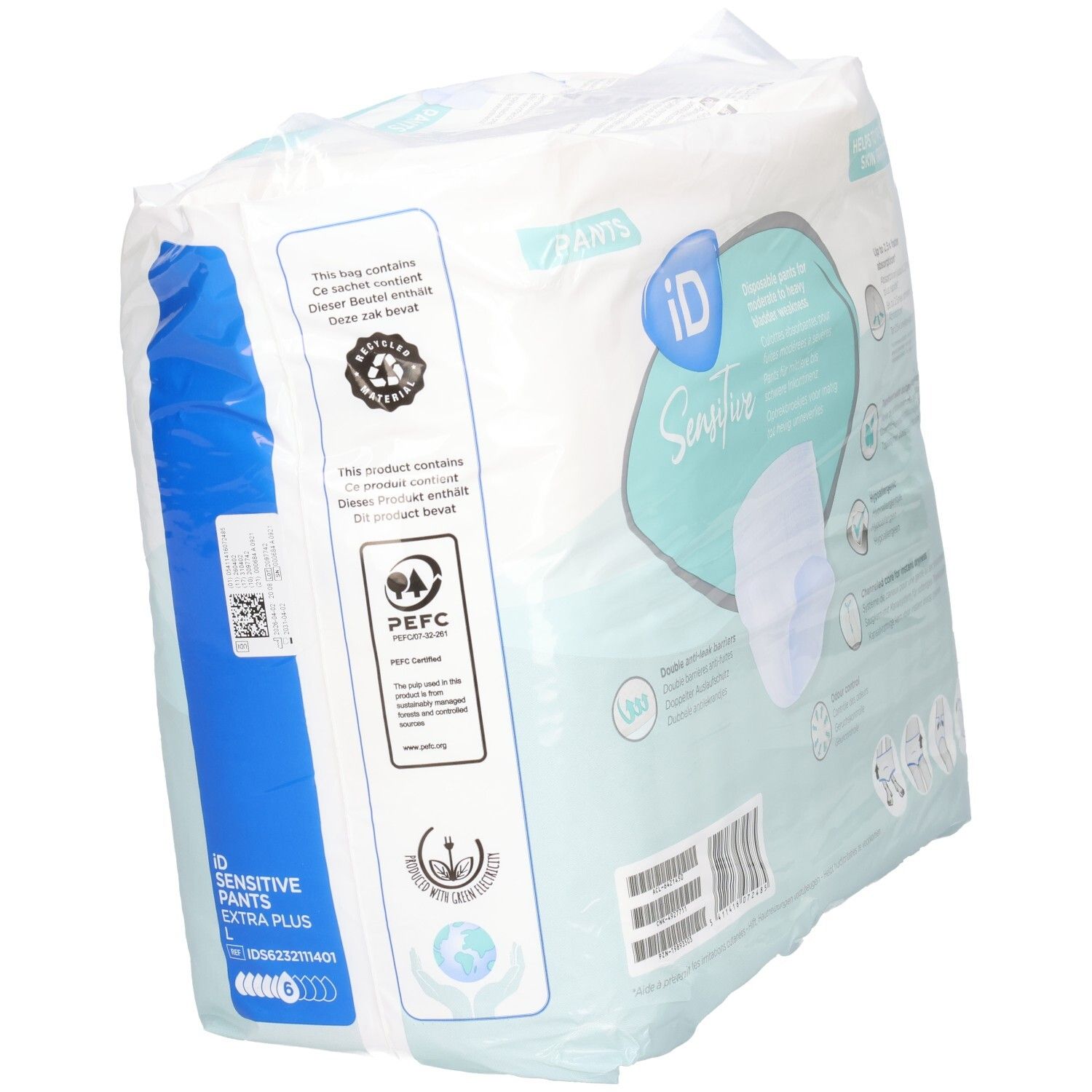Pants iD Sensitive Extra Plus L, 14 unités. Emballage avec certifications environnementales.