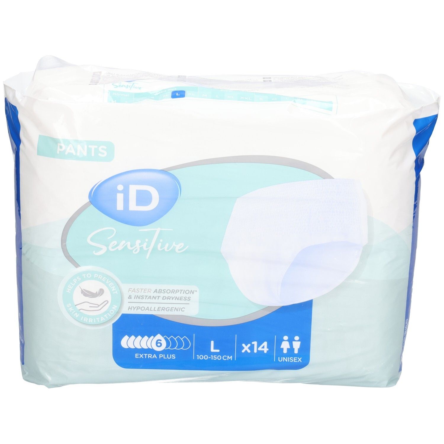 Pants iD Sensitive Extra Plus L, 14 unités. Vue avant avec indication de taille.