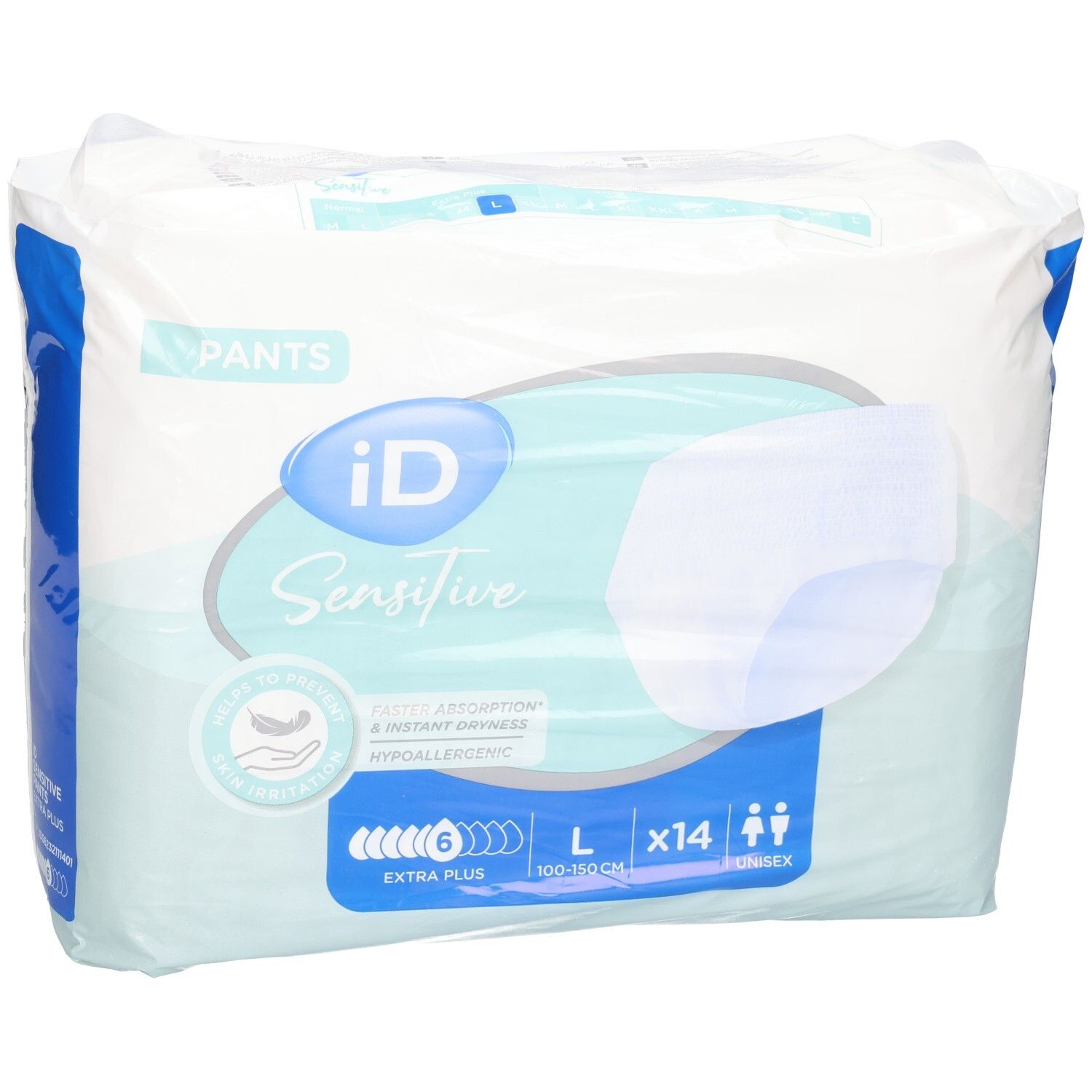 Pants iD Sensitive Extra Plus L, 14 unités. Gros plan de l'emballage.