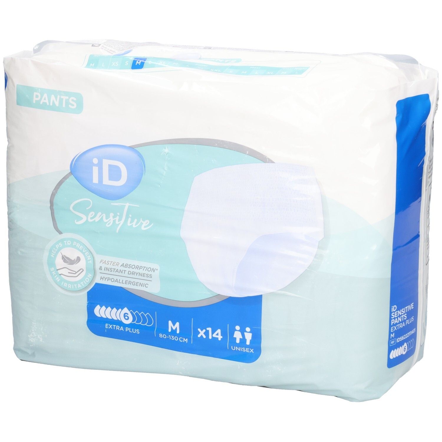Paquet de iD Sensitive Pants Extra Plus M, 14 unités. Absorption rapide, sécheresse instantanée et hypoallergénique.