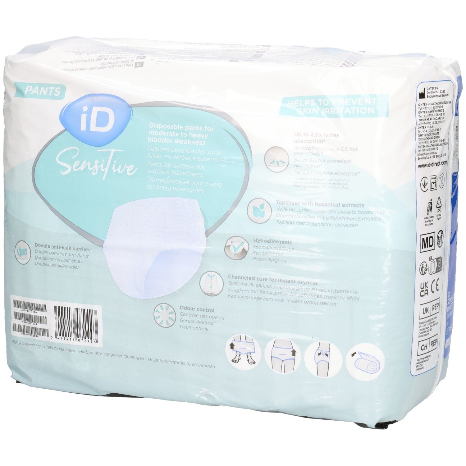 Paquet iD Sensitive Pants Extra Plus M. Dos avec informations produit et pictogrammes.