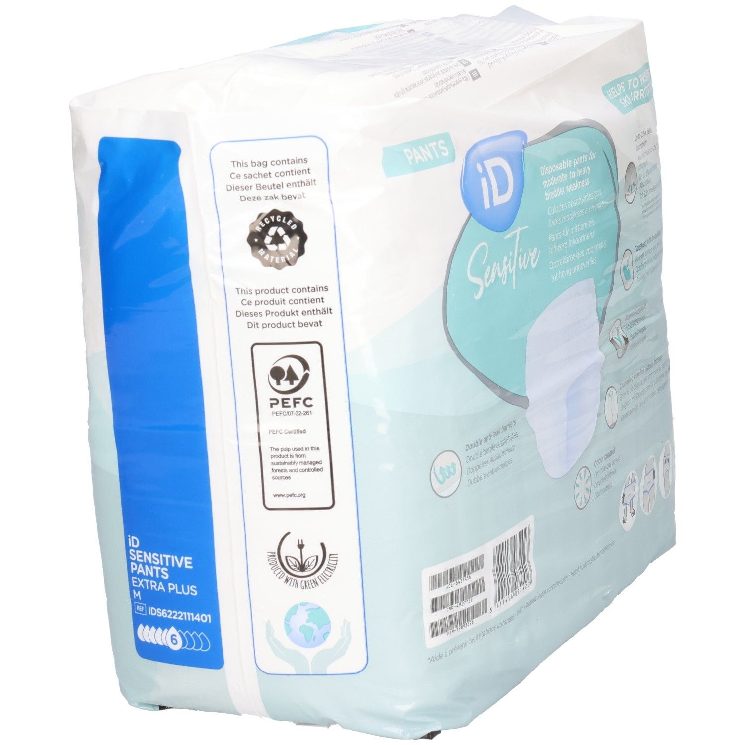 Paquet iD Sensitive Pants Extra Plus M. Avec certification PEFC et symboles de recyclage.