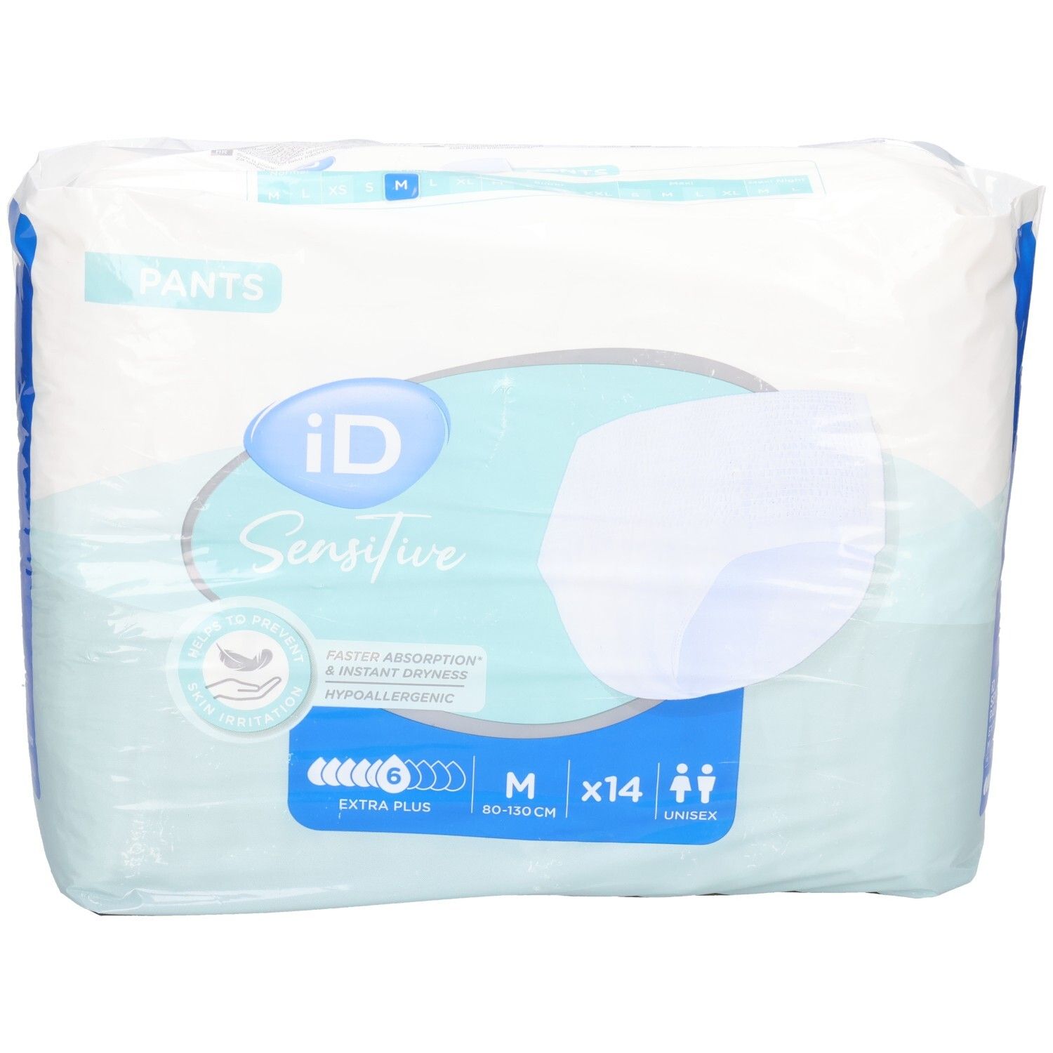 Paquet de iD Sensitive Pants Extra Plus M, 14 unités. Absorption rapide, sécheresse instantanée et hypoallergénique.