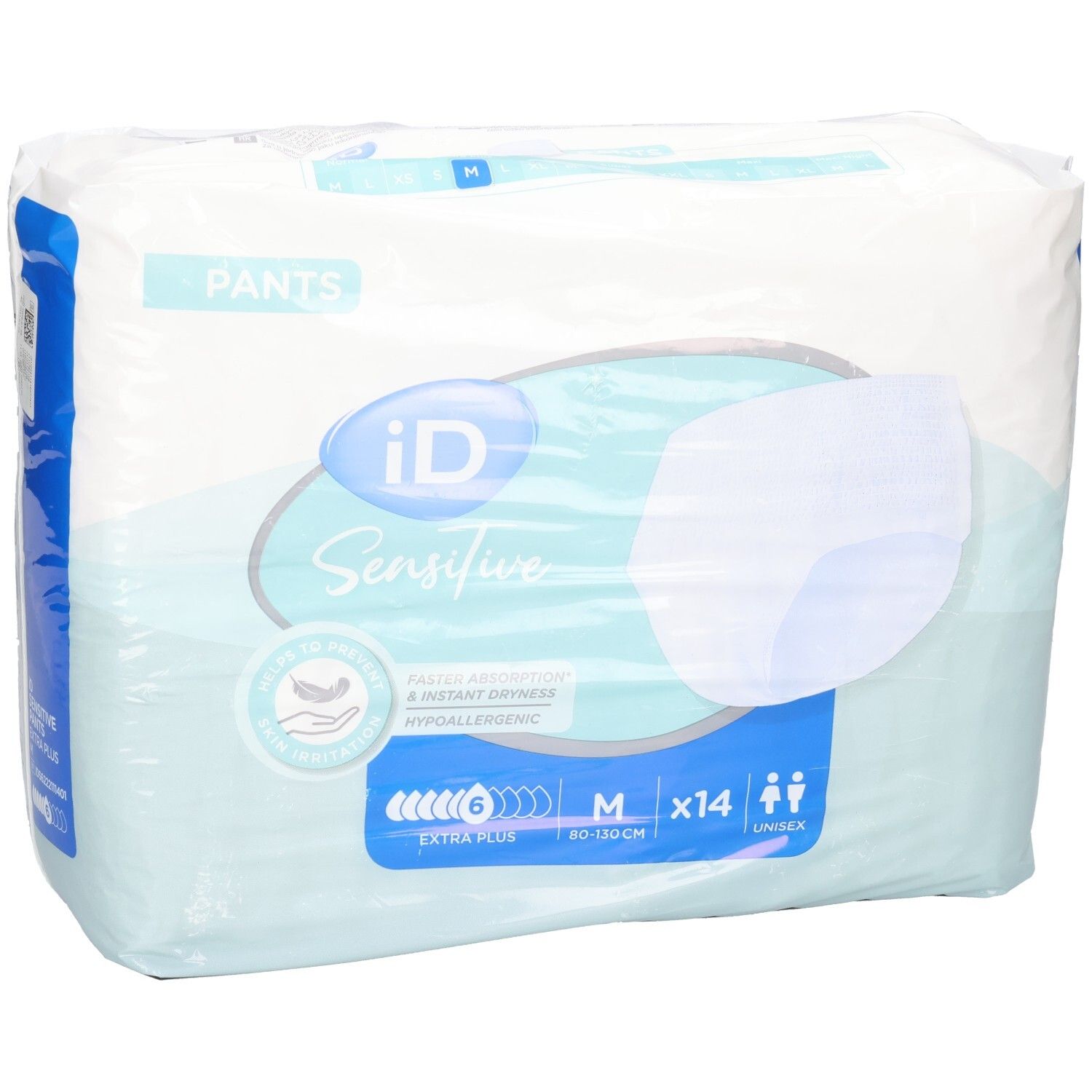 Paquet de iD Sensitive Pants Extra Plus M, 14 unités. Absorption rapide, sécheresse instantanée et hypoallergénique.