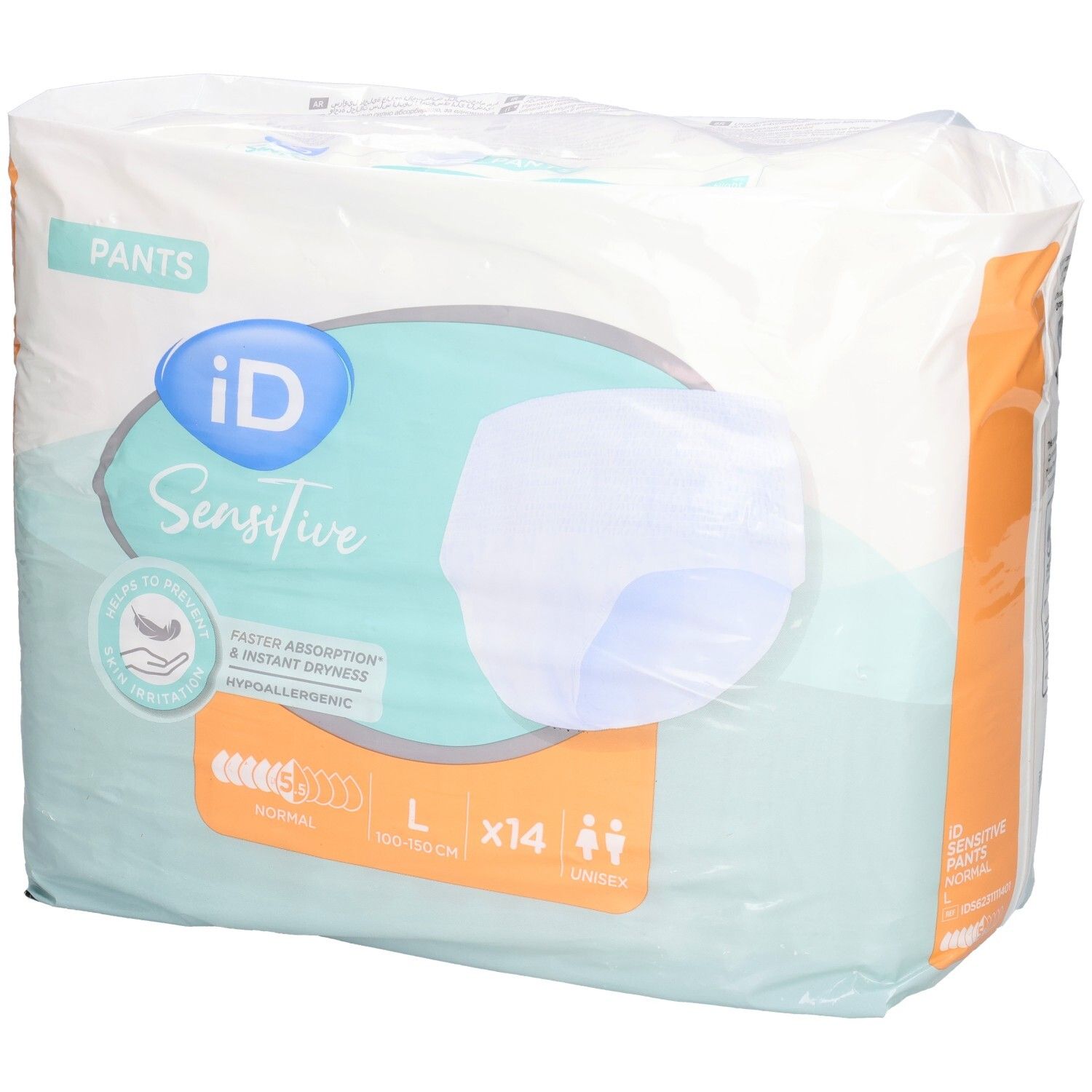 Paquet de iD Sensitive Pants Normal L. Contient 14 pièces. Unisexe. Taille L, 100-150 cm. Absorption rapide et sècheresse. Hypoallergénique.