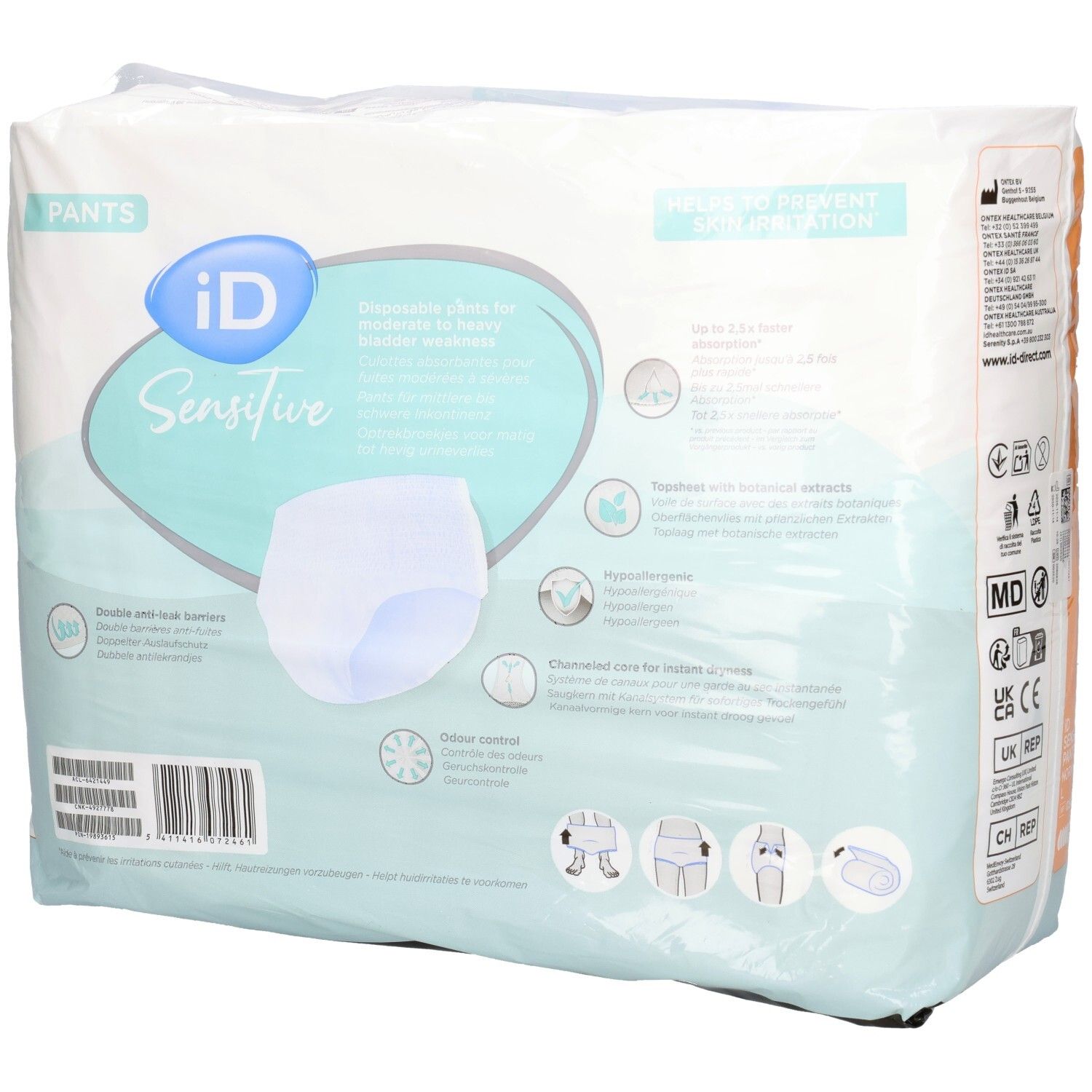 Dos du paquet iD Sensitive Pants. Informations sur les caractéristiques : double barrière anti-fuites, contrôle des odeurs, hypoallergénique, etc.