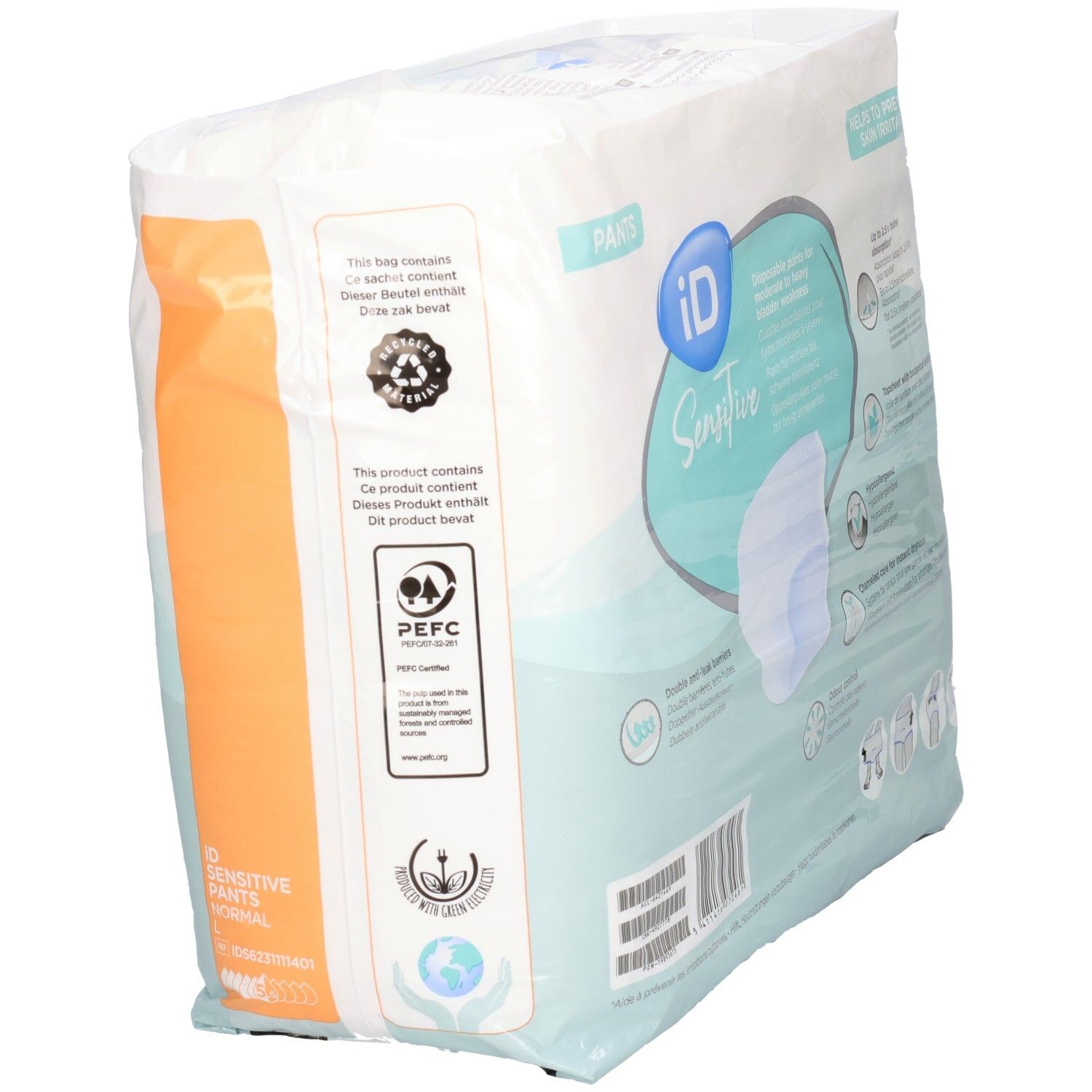 Paquet iD Sensitive Pants. Certification PEFC. Informations sur la durabilité. Contient 14 pièces. Taille L, 100-150 cm.