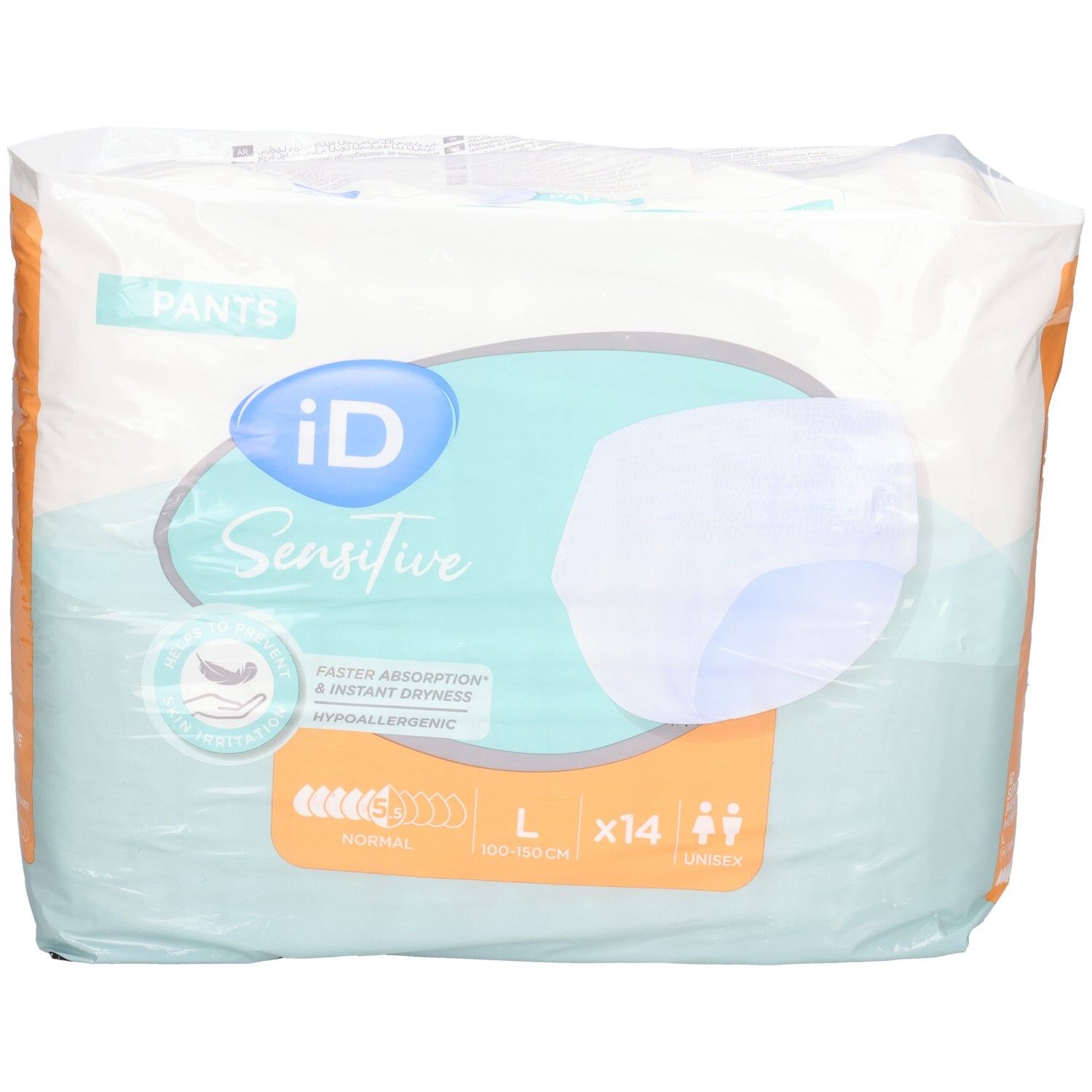 Paquet de iD Sensitive Pants Normal L. Contient 14 pièces. Unisexe. Taille L, 100-150 cm. Absorption rapide et sècheresse. Hypoallergénique.