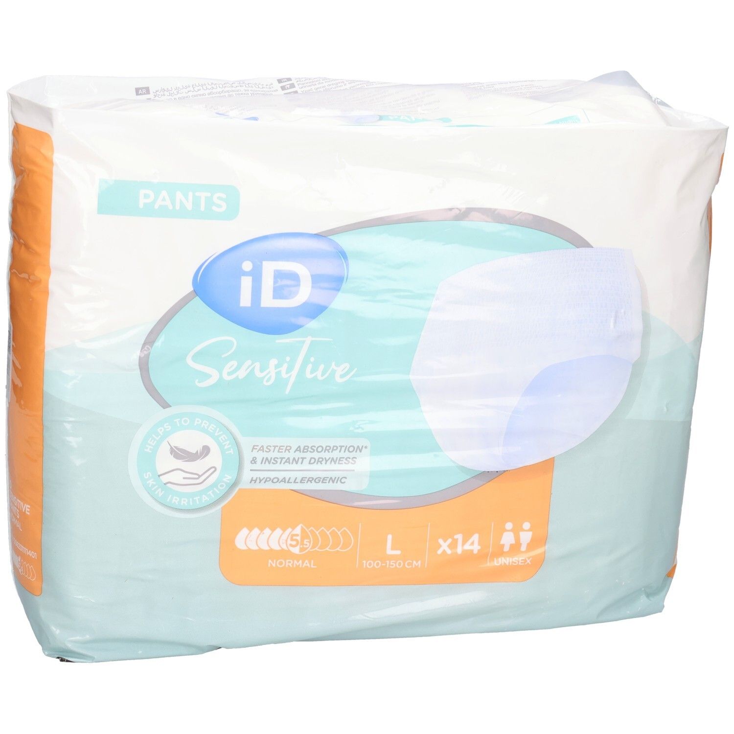 Paquet de iD Sensitive Pants Normal L. Contient 14 pièces. Unisexe. Taille L, 100-150 cm. Absorption rapide et sècheresse. Hypoallergénique.
