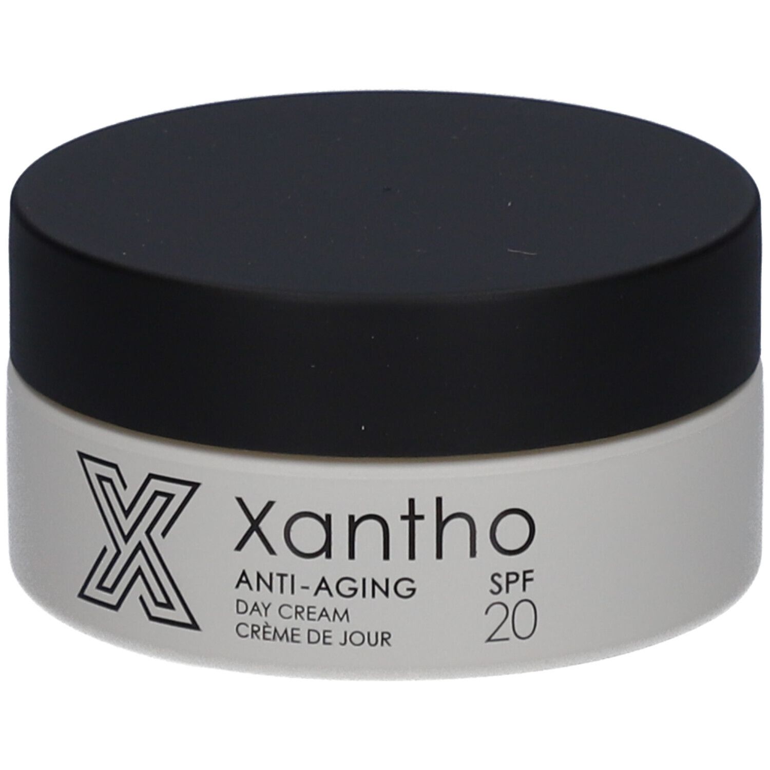 Pot de crème avec couvercle noir. Inscription : Xantho, Anti-Aging, Day Cream, Crème de jour, SPF 20.