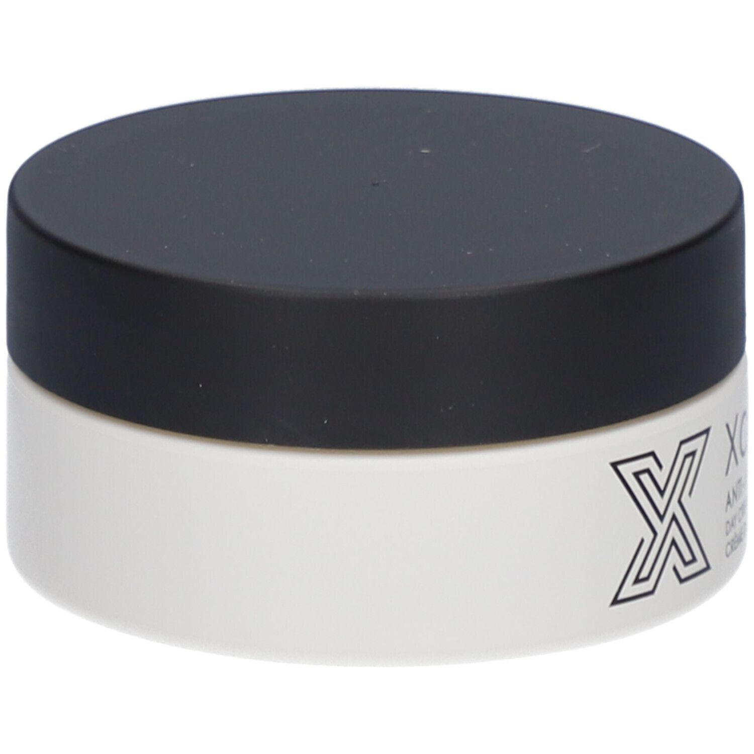 Pot de crème avec couvercle noir. Inscription : Xantho, Anti-Aging, Day Cream, Crème de jour.