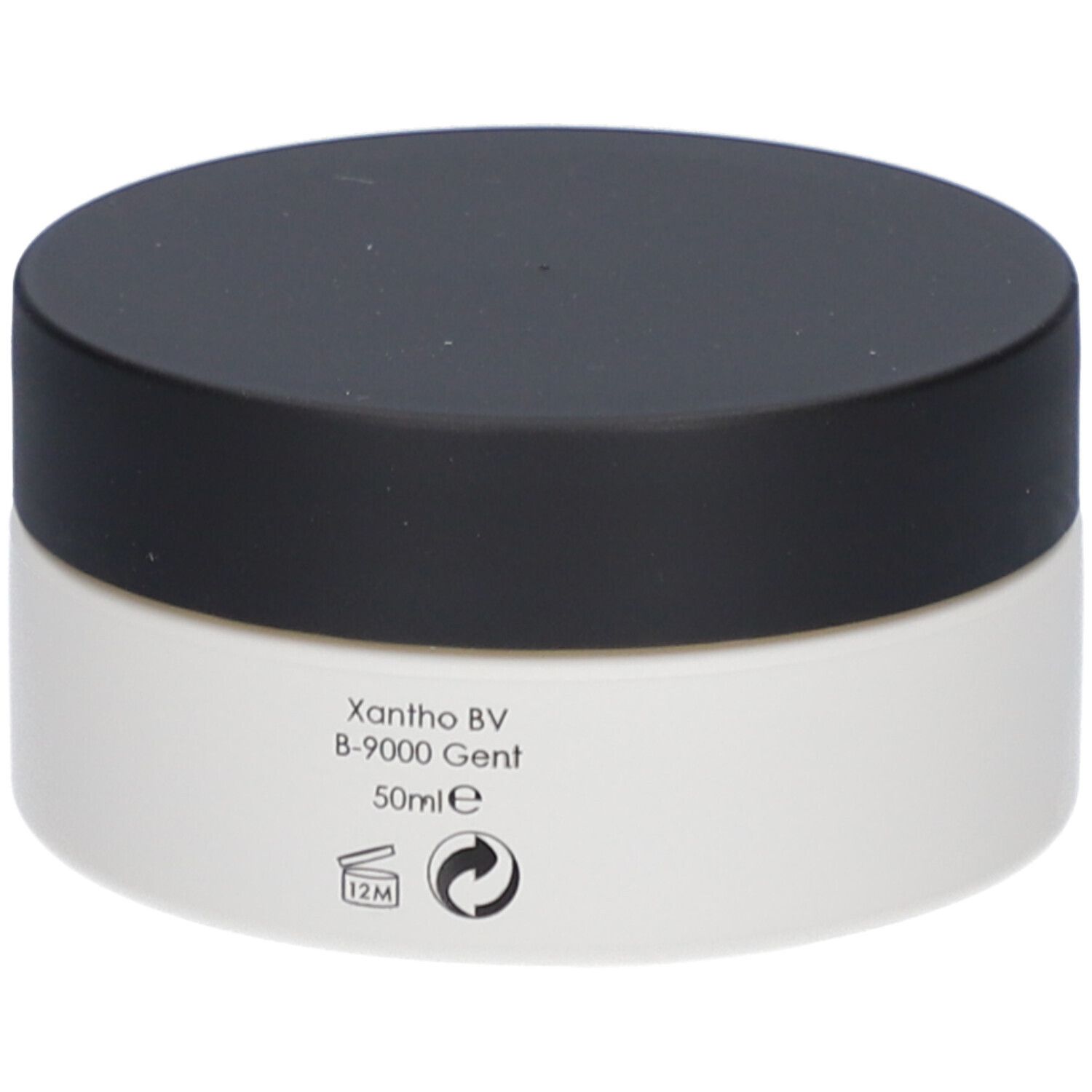 Pot de crème avec couvercle noir. Inscription : Xantho BV, B-9000 Gent, 50ml, symbole 12M, symbole recyclage.