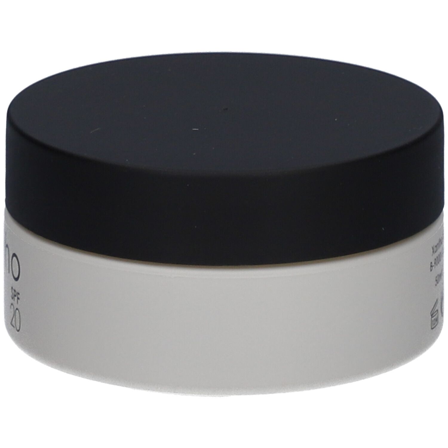 Pot de crème avec couvercle noir. Inscription : Xantho, SPF 20.