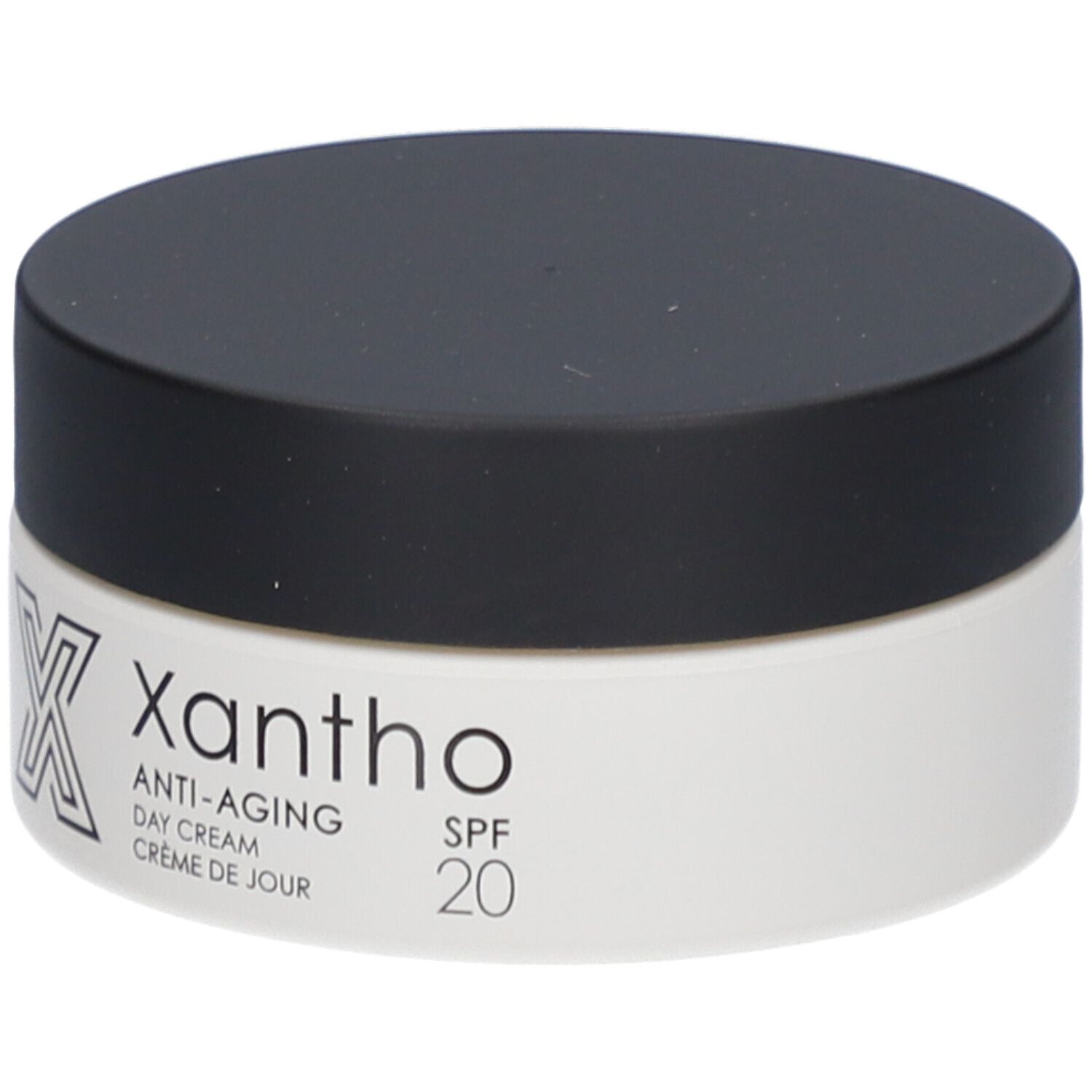 Pot de crème avec couvercle noir. Inscription : Xantho, Anti-Aging, Day Cream, Crème de jour, SPF 20.