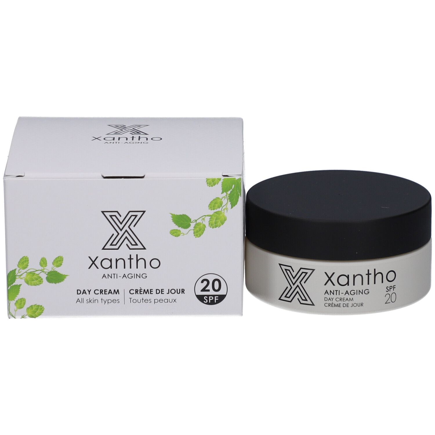Pot de crème et boîte. Inscription : Xantho, Anti-Aging, Day Cream, Crème de jour, SPF 20, Toutes peaux.