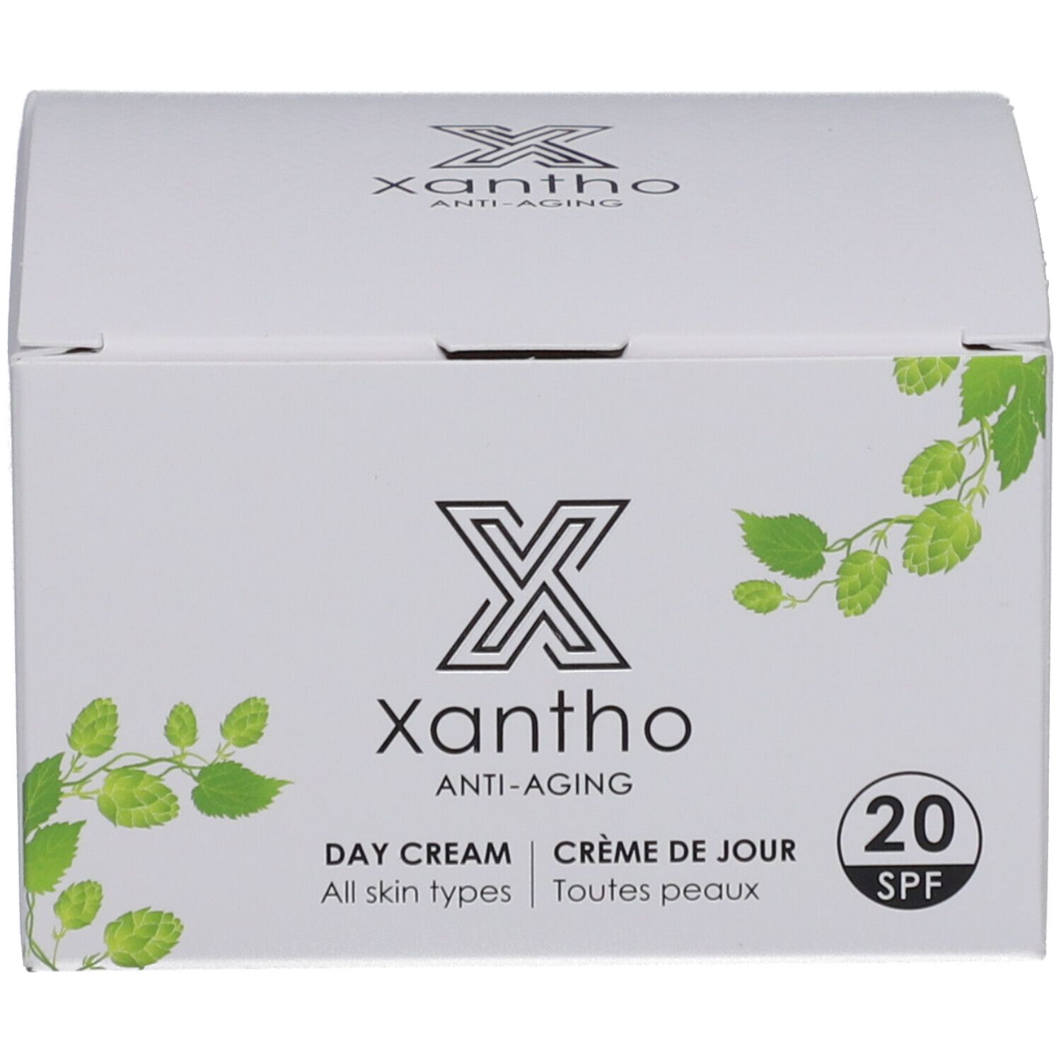 Boîte blanche avec inscription : Xantho, Anti-Aging, Day Cream, Crème de jour, SPF 20, Toutes peaux.