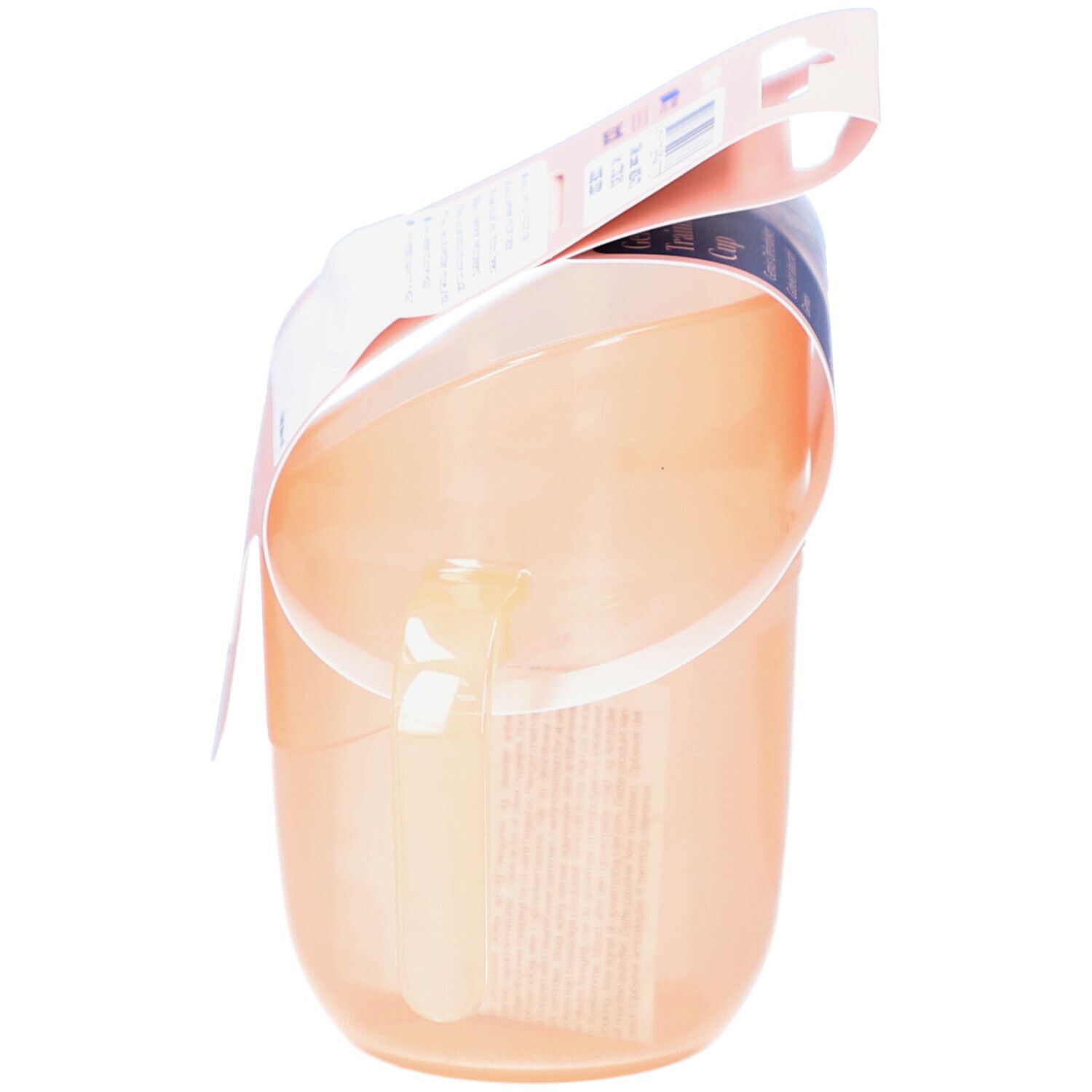 Gobelet d'apprentissage, vue latérale avec emballage. Le gobelet est transparent et possède une poignée.