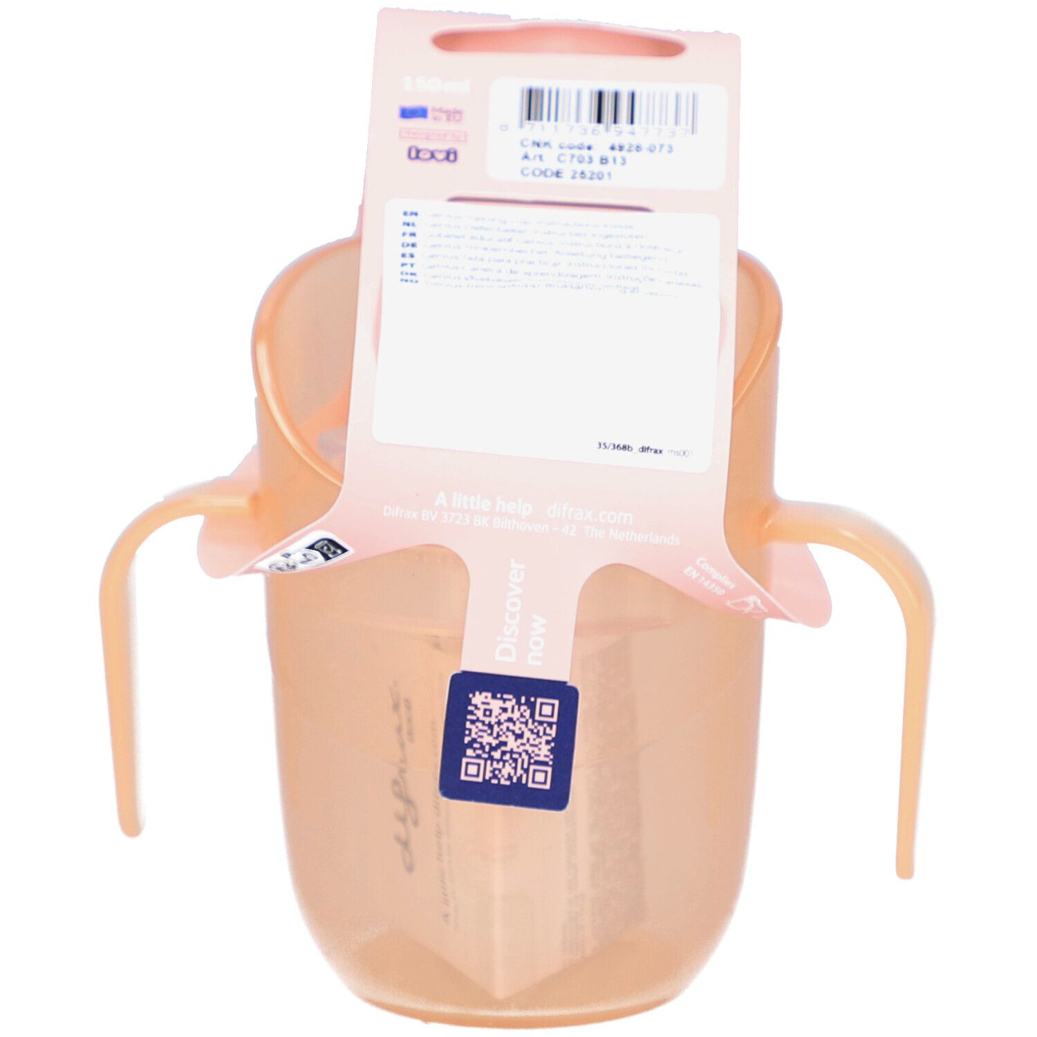 Gobelet d'apprentissage avec emballage. Un code QR et la marque "difrax" sont visibles sur l'emballage.