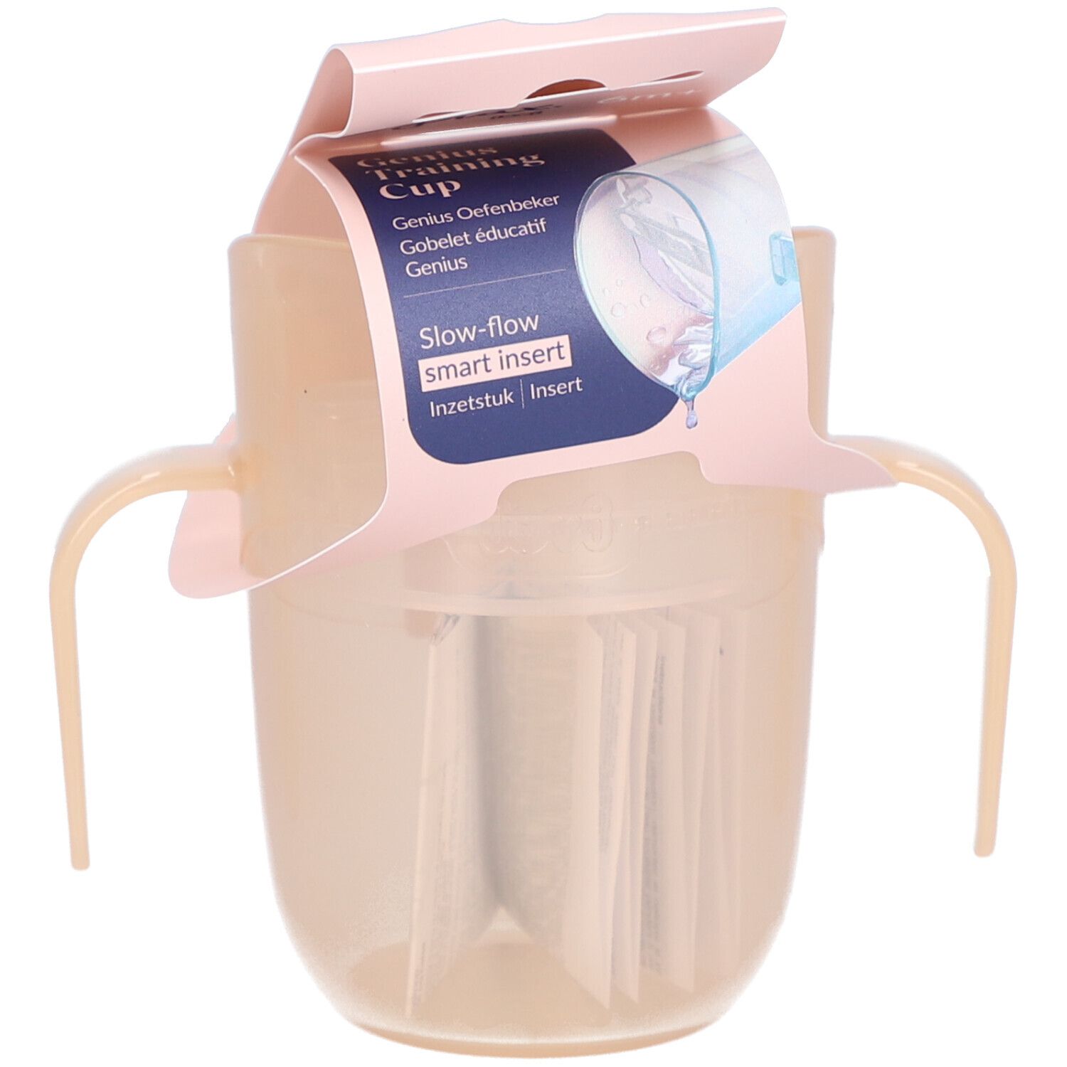 Gobelet d'apprentissage avec poignées et emballage. L'emballage indique "Genius Oefenbeker" et "Slow-flow smart insert".