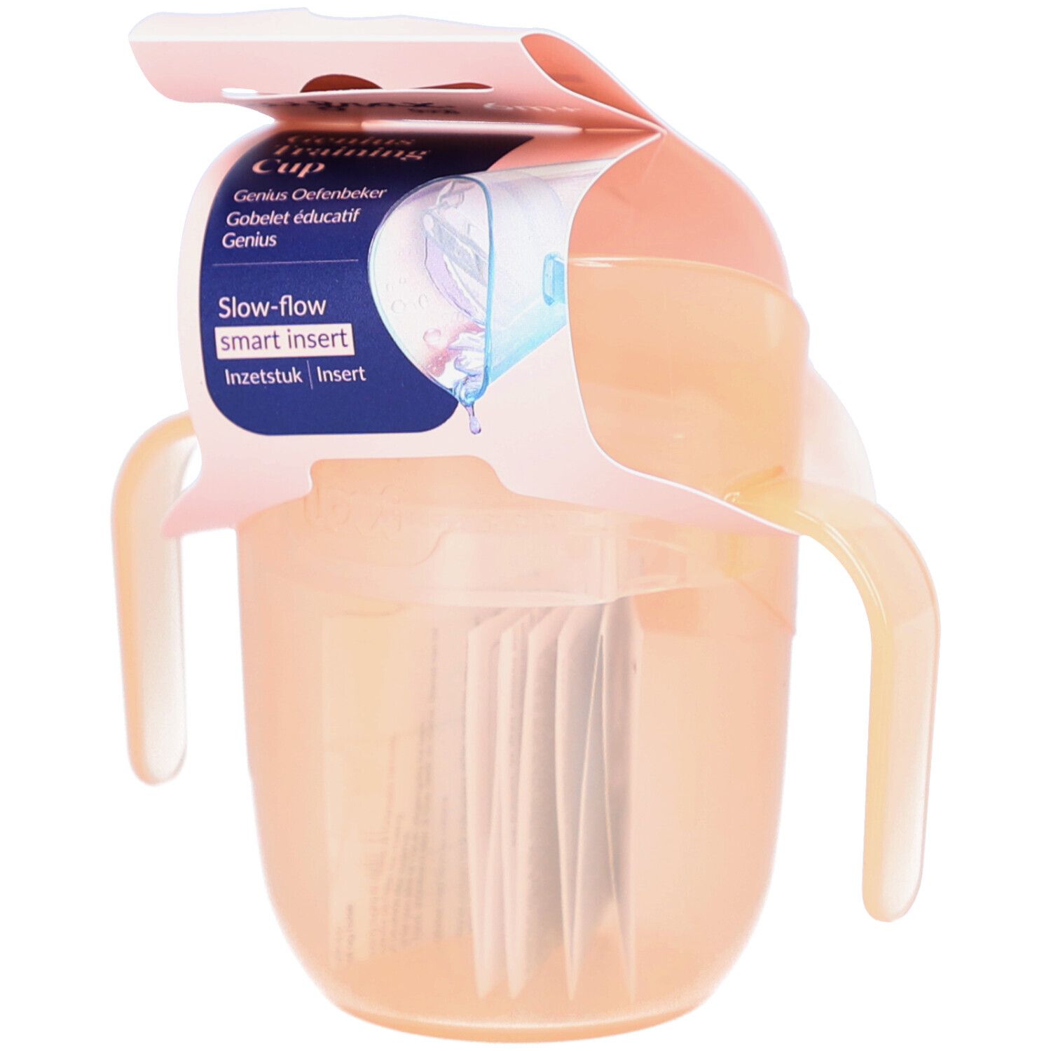 Gobelet d'apprentissage avec poignées et emballage. L'emballage indique "Genius Oefenbeker" et "Slow-flow smart insert".