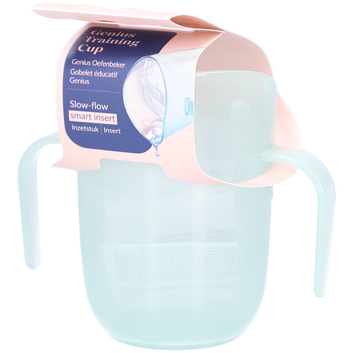 Gobelet d'apprentissage bleu clair avec poignées et support rose. Emballage avec nom et caractéristiques du produit.