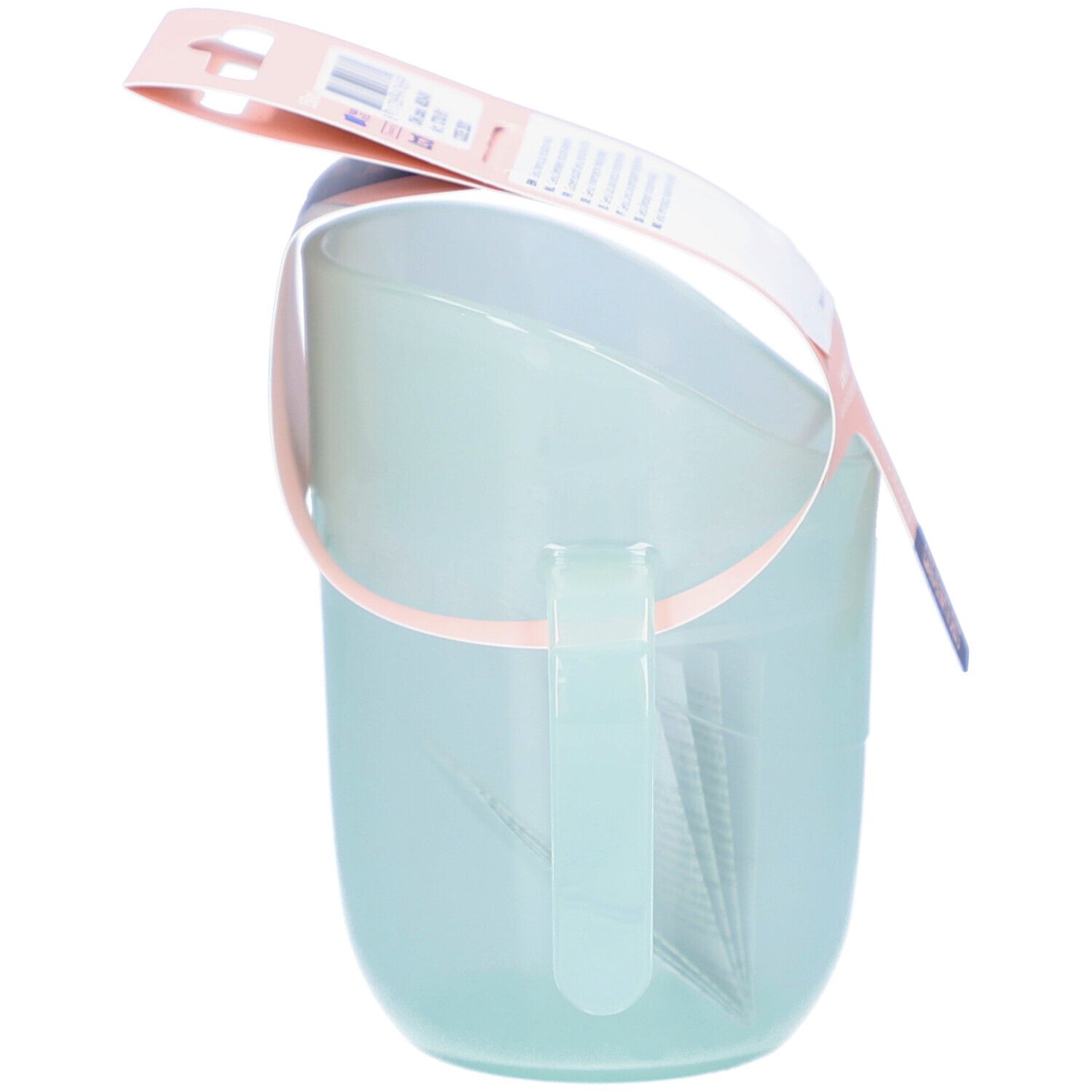 Gobelet d'apprentissage bleu clair avec anse et support rose. Emballage avec informations sur le produit.