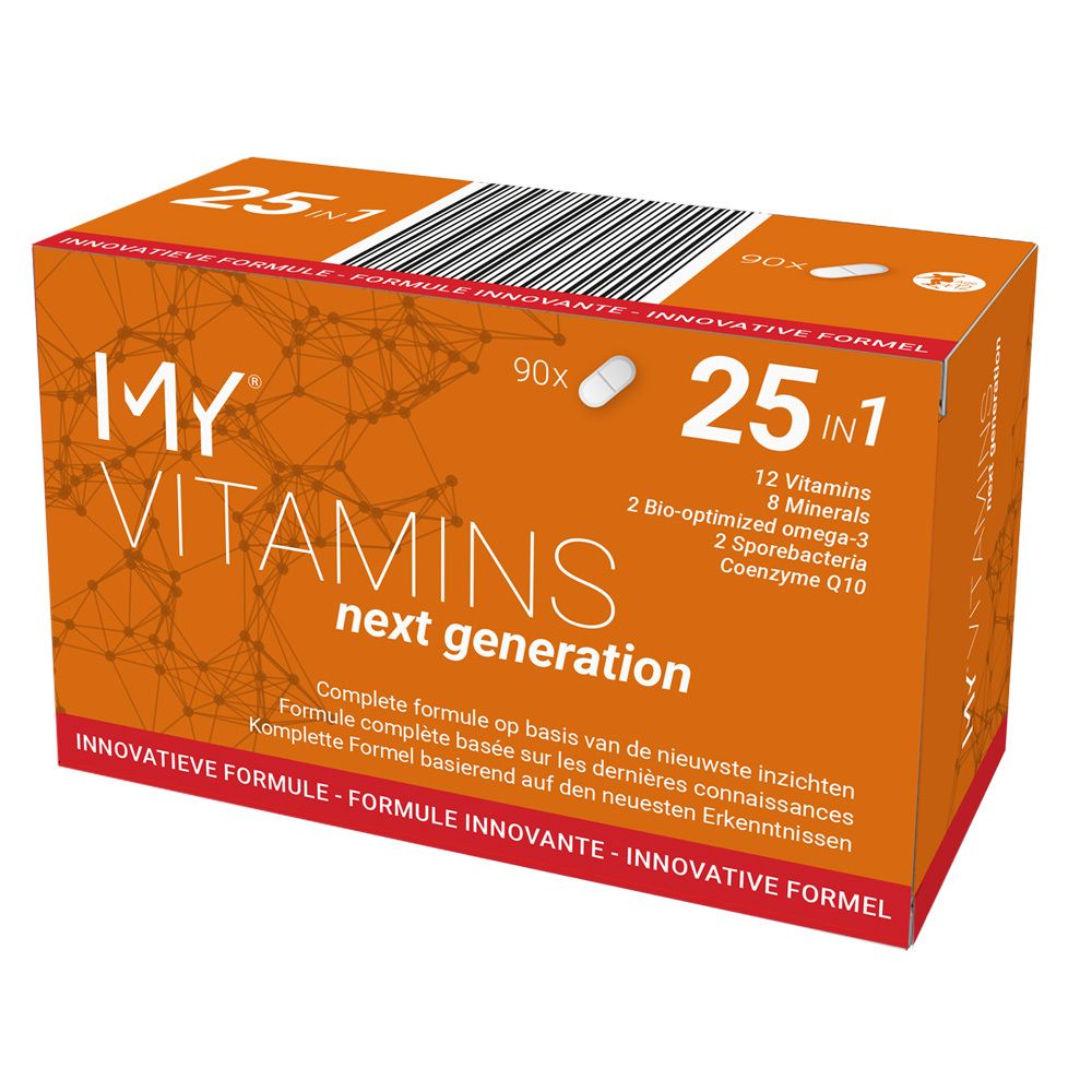 Emballage orange "MY VITAMINS next generation", formule 25-en-1 avec 12 vitamines.