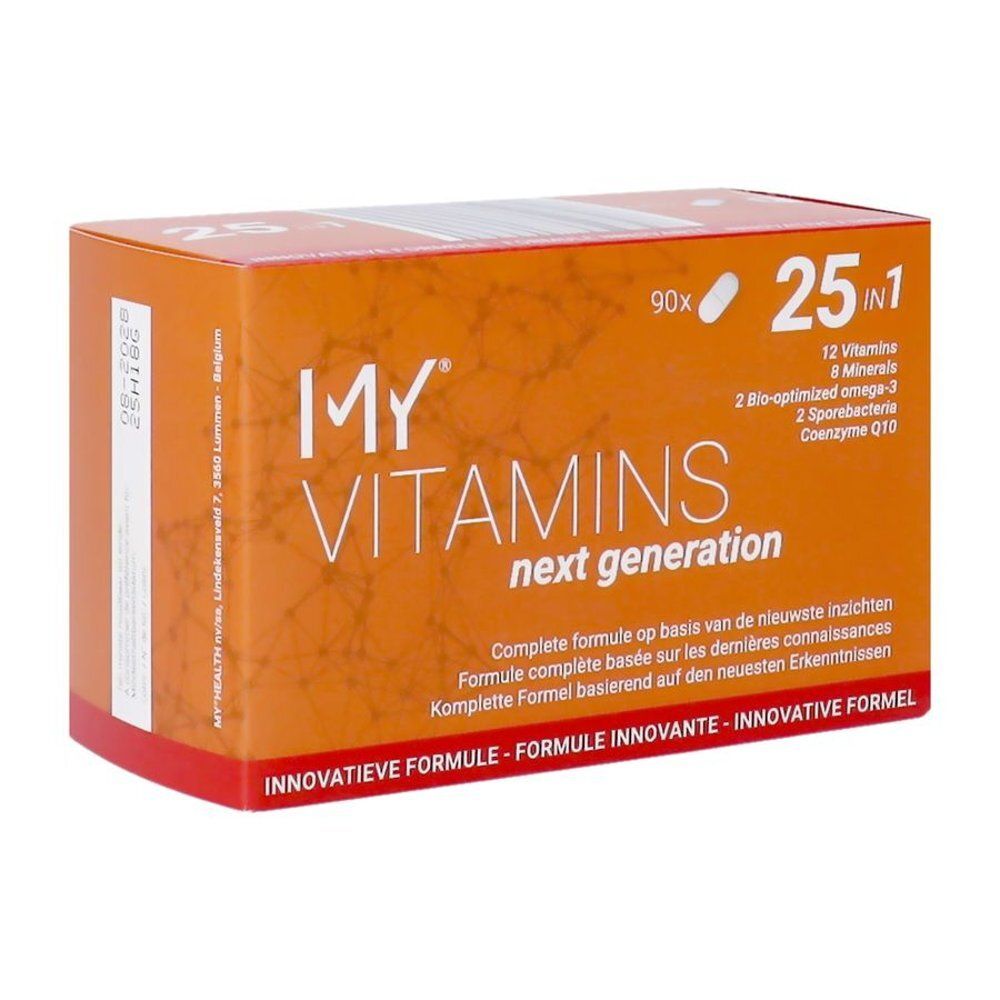 Emballage orange "MY VITAMINS next generation", formule 25-en-1, 8 minéraux.