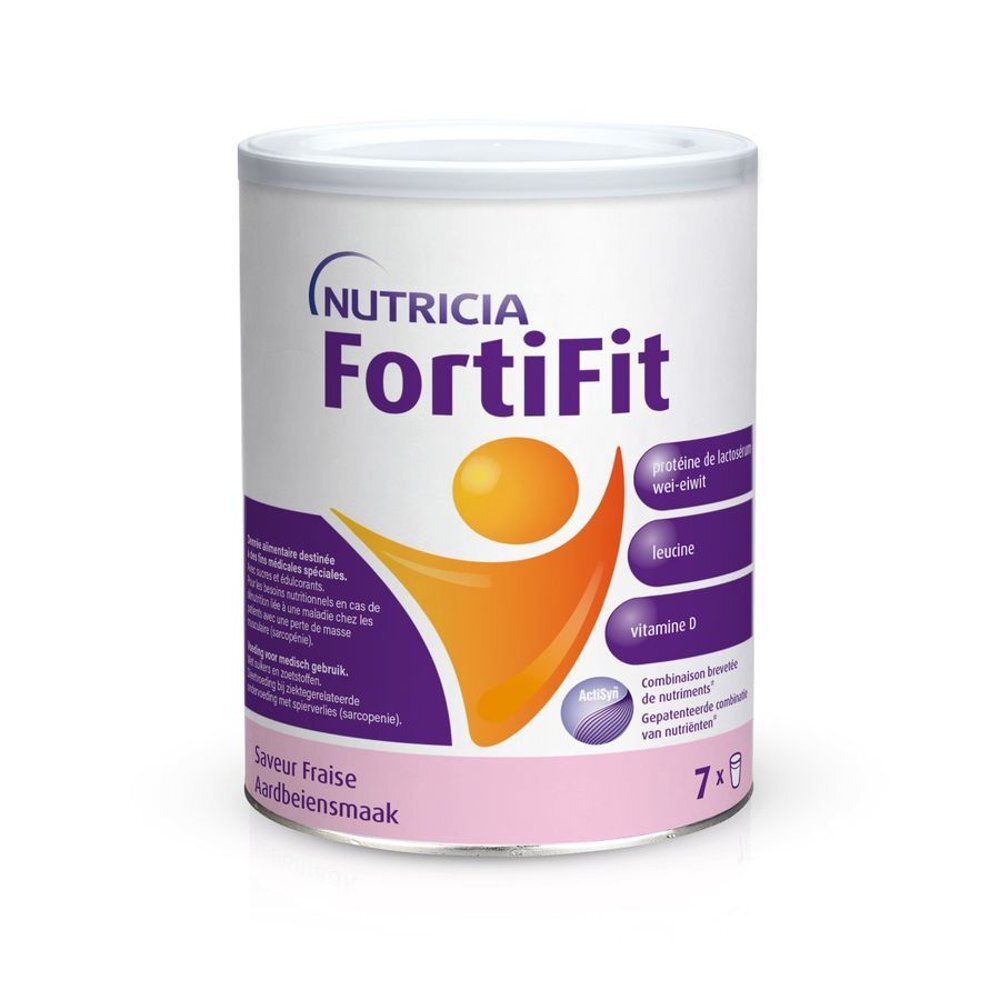 Poudre Fortimel FortiFit Fraise : boîte avec informations nutritionnelles et symbole fraise.