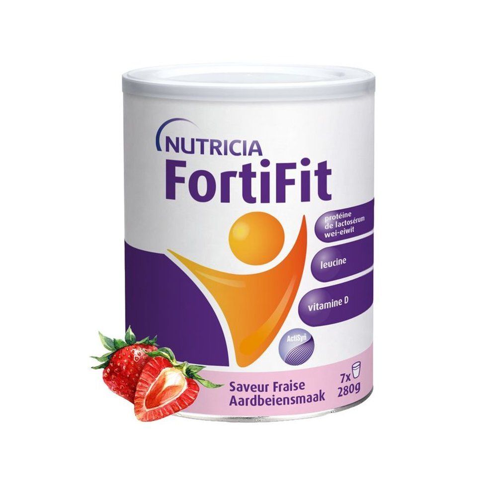 Poudre Fortimel FortiFit Fraise : boîte avec informations nutritionnelles et symbole fraise.