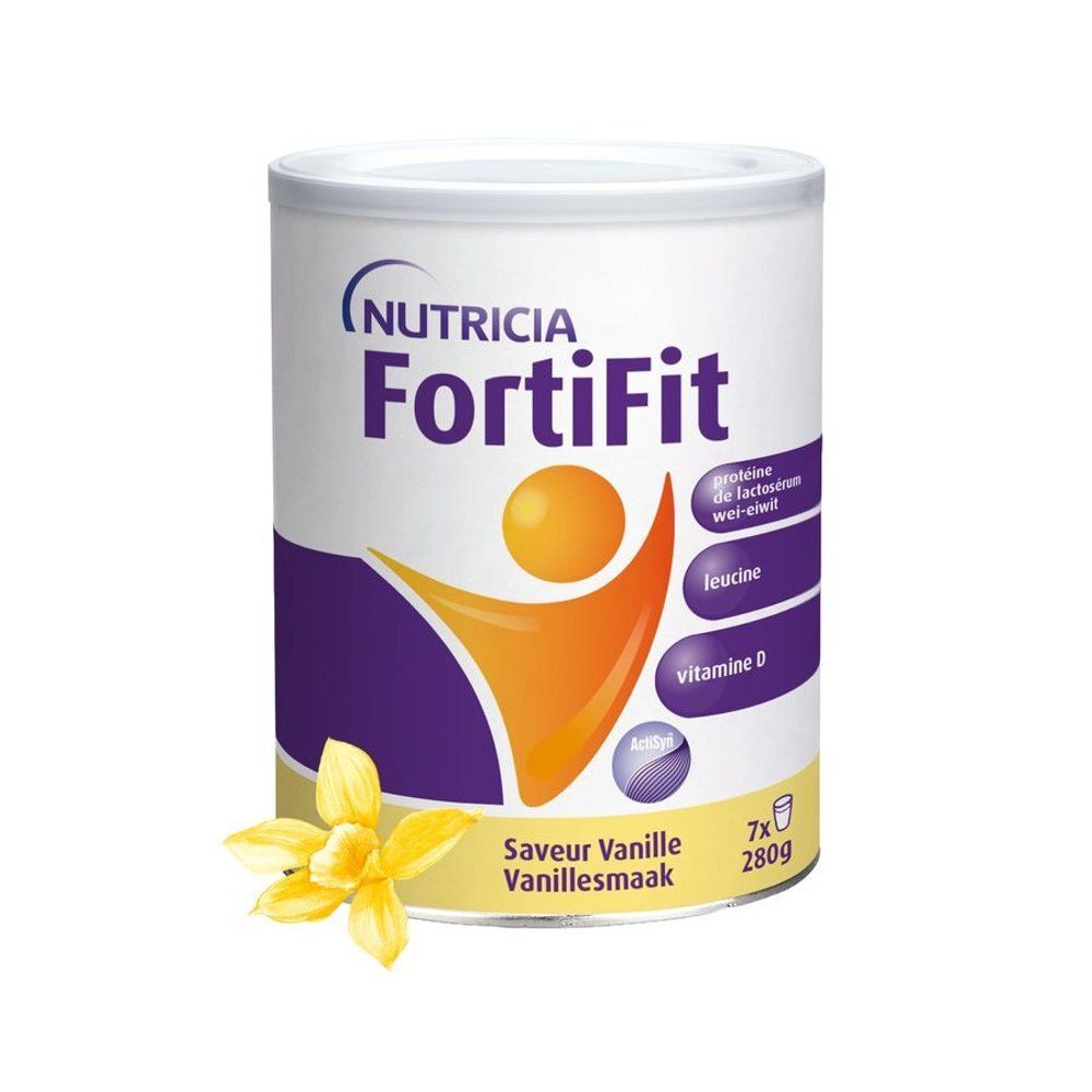 Boîte Nutricia FortiFit Vanille avec symboles pour protéines, leucine et vitamine D. 7x.
