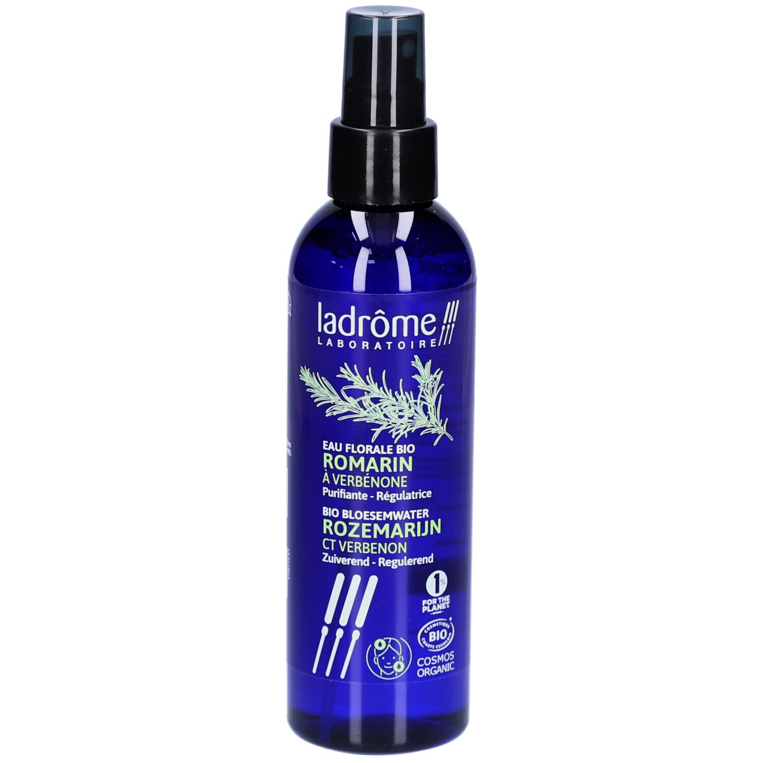 Flacon bleu avec vaporisateur. Inscriptions: Ladrome Laboratoire, Eau Florale Bio Romarin à Verbenone, Bio Bloesemwater Rozemarijn Ct Verbenon.