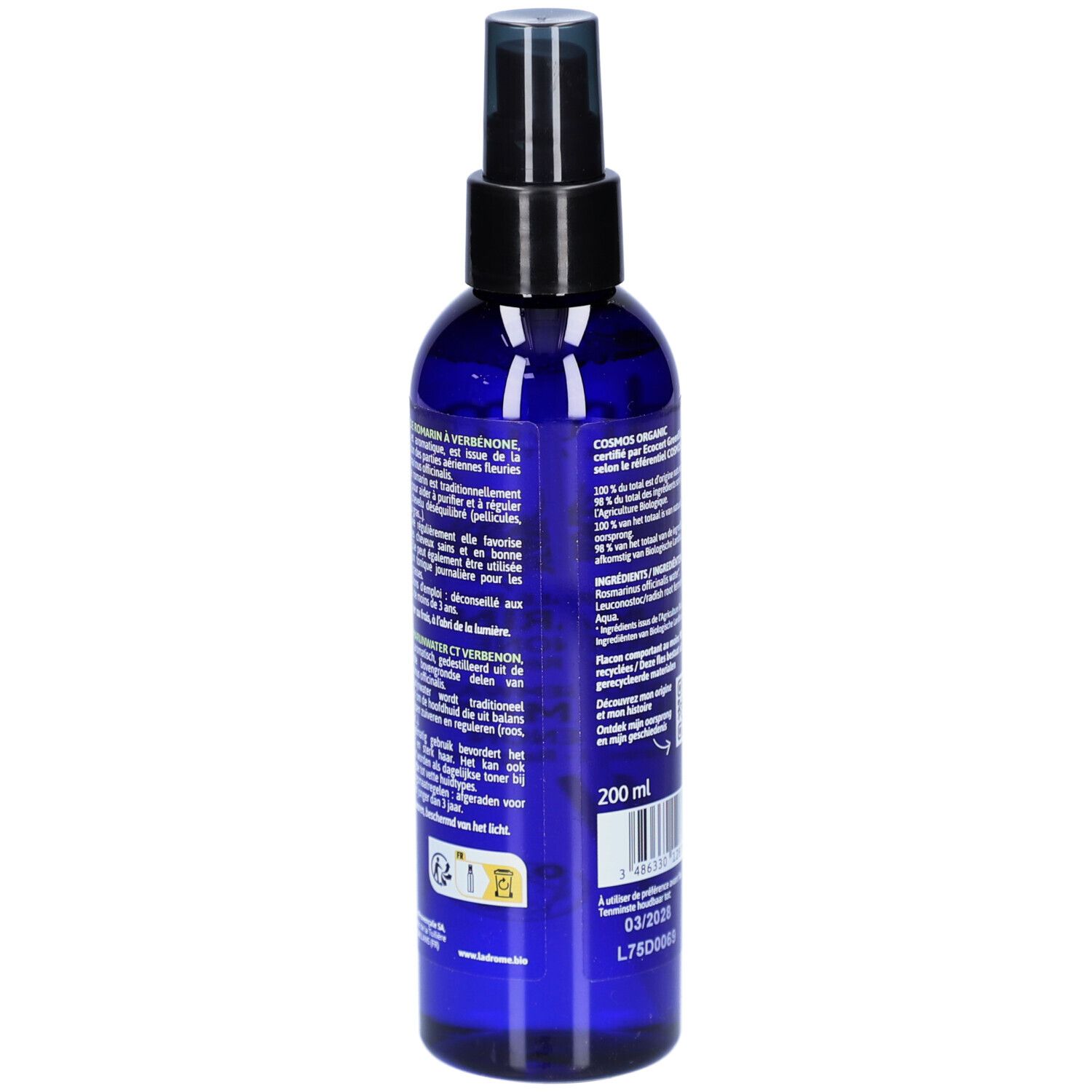 Dos d'un flacon bleu. Texte: Ingrédients, numéro de lot, date de péremption, code QR, certification COSMOS ORGANIC.