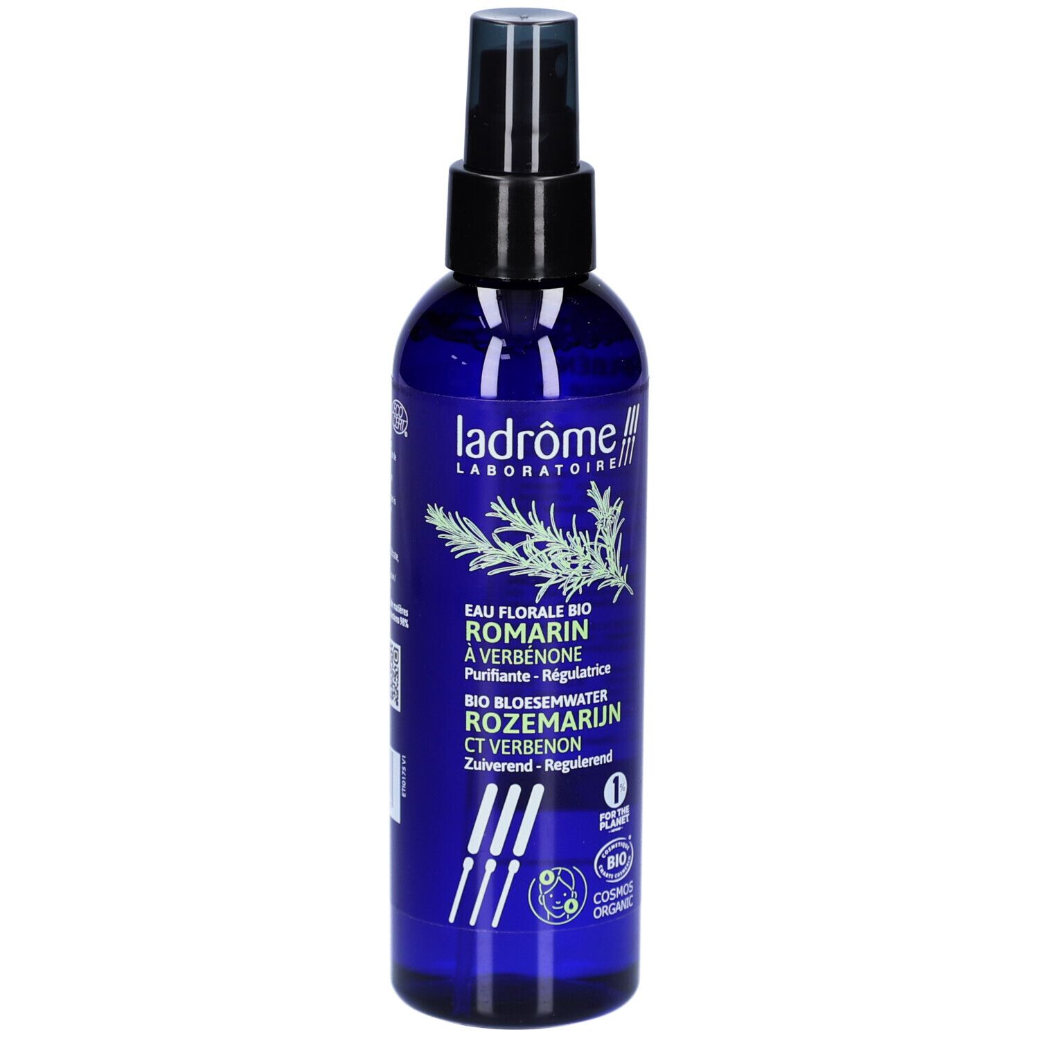 Flacon bleu avec vaporisateur. Inscriptions: Ladrome Laboratoire, Eau Florale Bio Romarin à Verbenone, Bio Bloesemwater Rozemarijn Ct Verbenon.