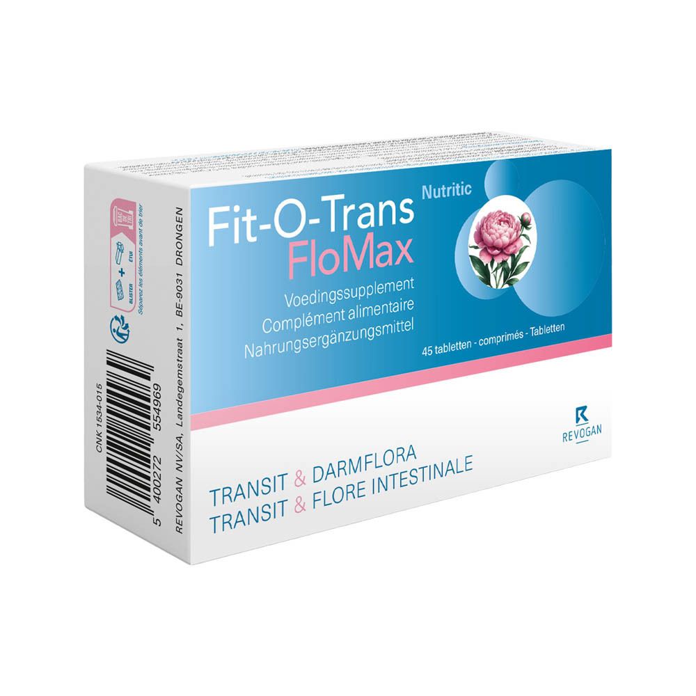 Boîte de Fit-O-Trans FloMax. Inscription : Transit & Flore intestinale. Produit sur fond blanc.