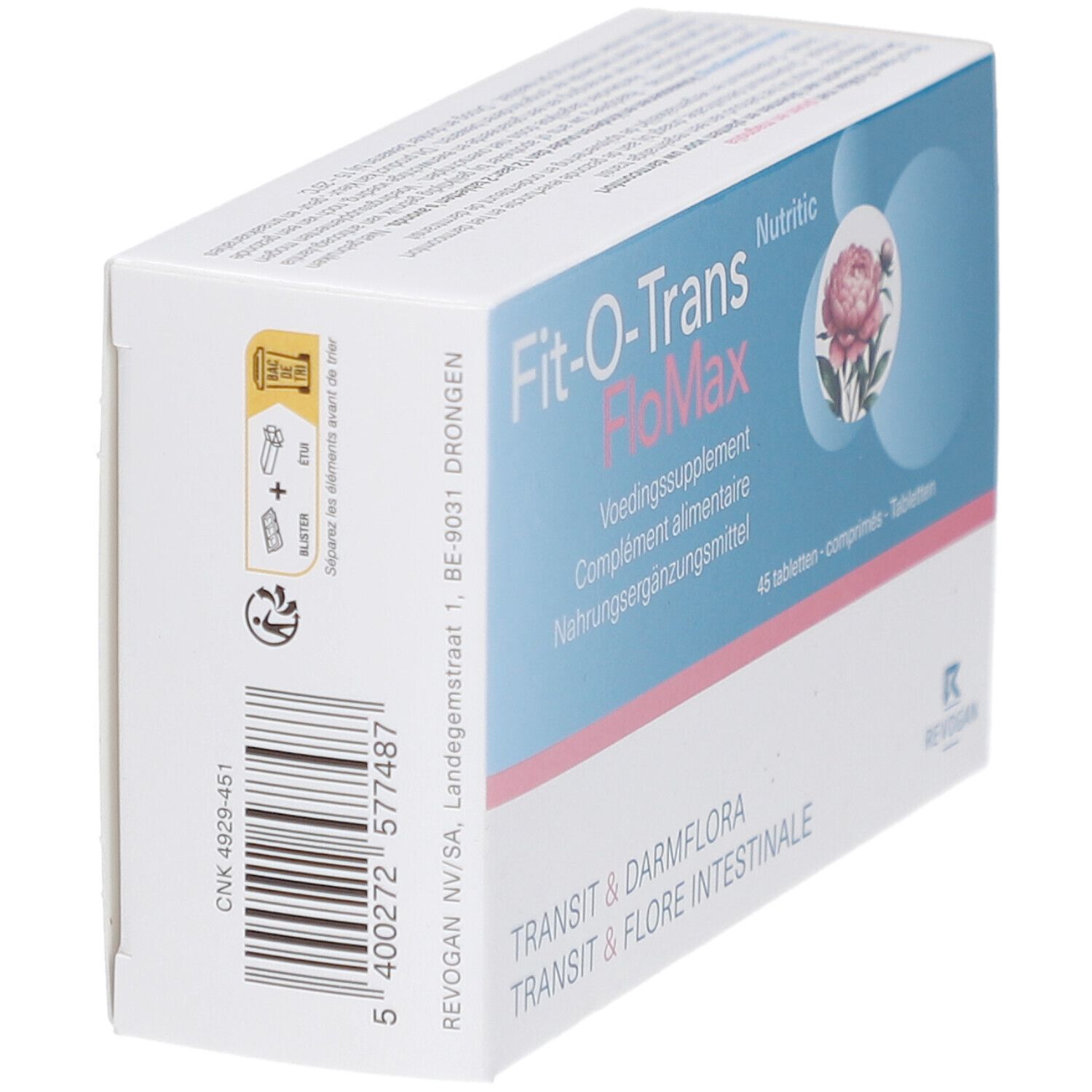 Vue en biais de l'emballage Fit-O-Trans FloMax. Nom du produit, adresse et code-barres visibles. Emballage blanc.