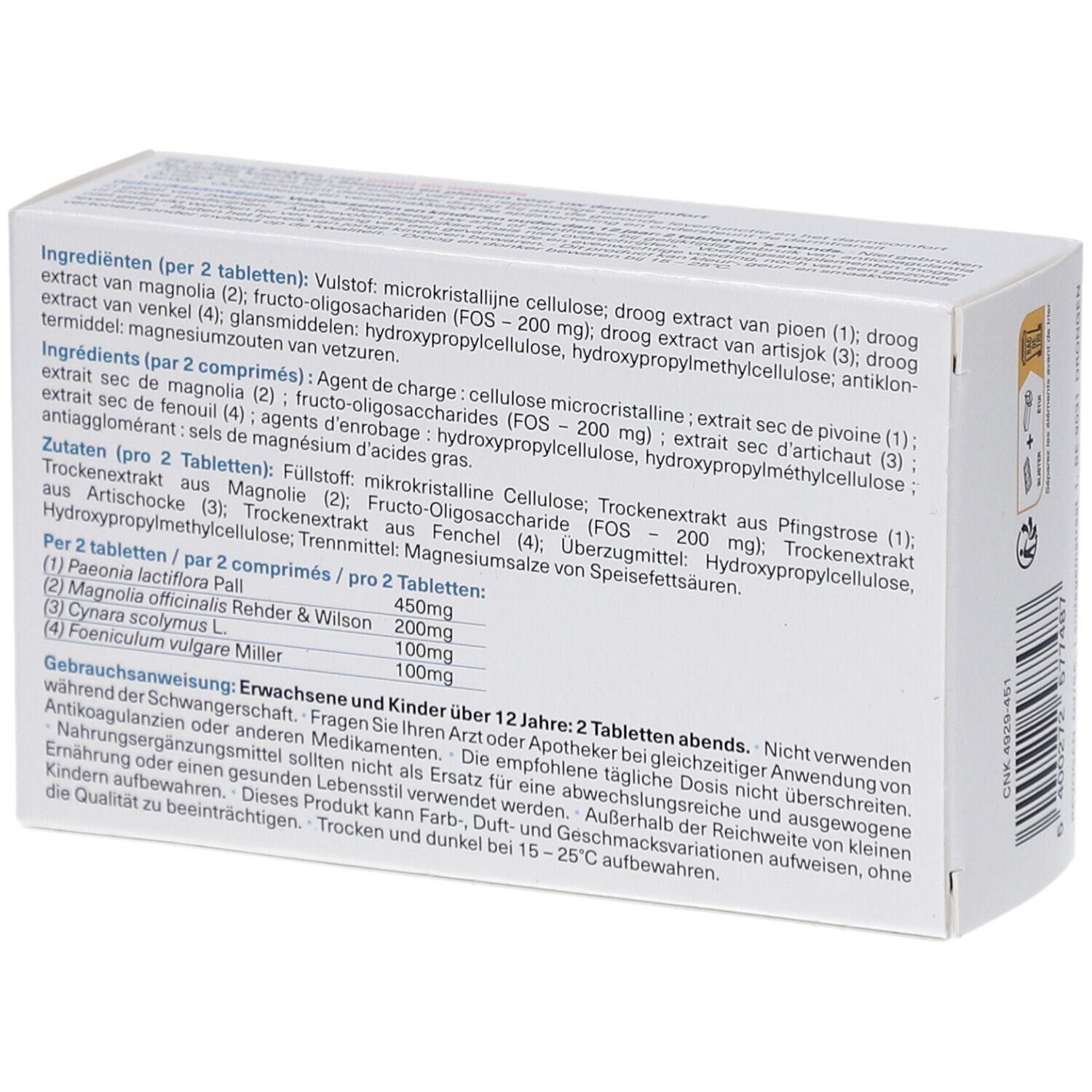 Dos de l'emballage Fit-O-Trans FloMax. Liste des ingrédients et informations nutritionnelles. Texte multilingue.